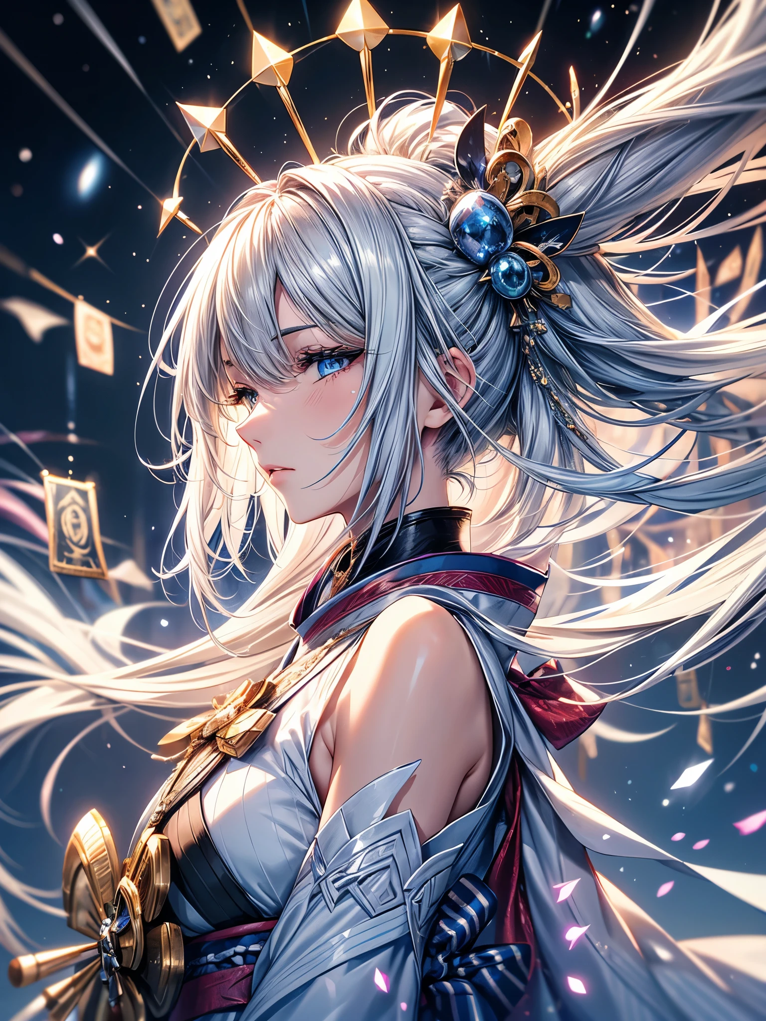 (Ultra-delicate), (Be focused), (high resolution), (((Silver hair with gradient stripes and light blue tail))), Cute beauty face, Ultra-fine facial texture, ((Clear light blue eyes)), thin eyebrows, long upper eyelashes, Double eyelids, Upper Eye, high fidelity eyes, (super detailed eyes), Sexy lips, High lip detail, White skin, Delicate skin, Deformed depth of field blurred background, (Detailed background), Perfect layer cut, Atmospheric distance, (full-body shot/Cowboy shooting/side view), wallpaper, Shimmer, complicated, familiar, Onmyoji, particle, constellation, Stardust, universe, Pentagram, ((Talisman)), Comfort and tranquility, peaceful, Japan, Black, White Kimono, With crystal, Fortune Telling, time and space, incantations, artistic, 8k