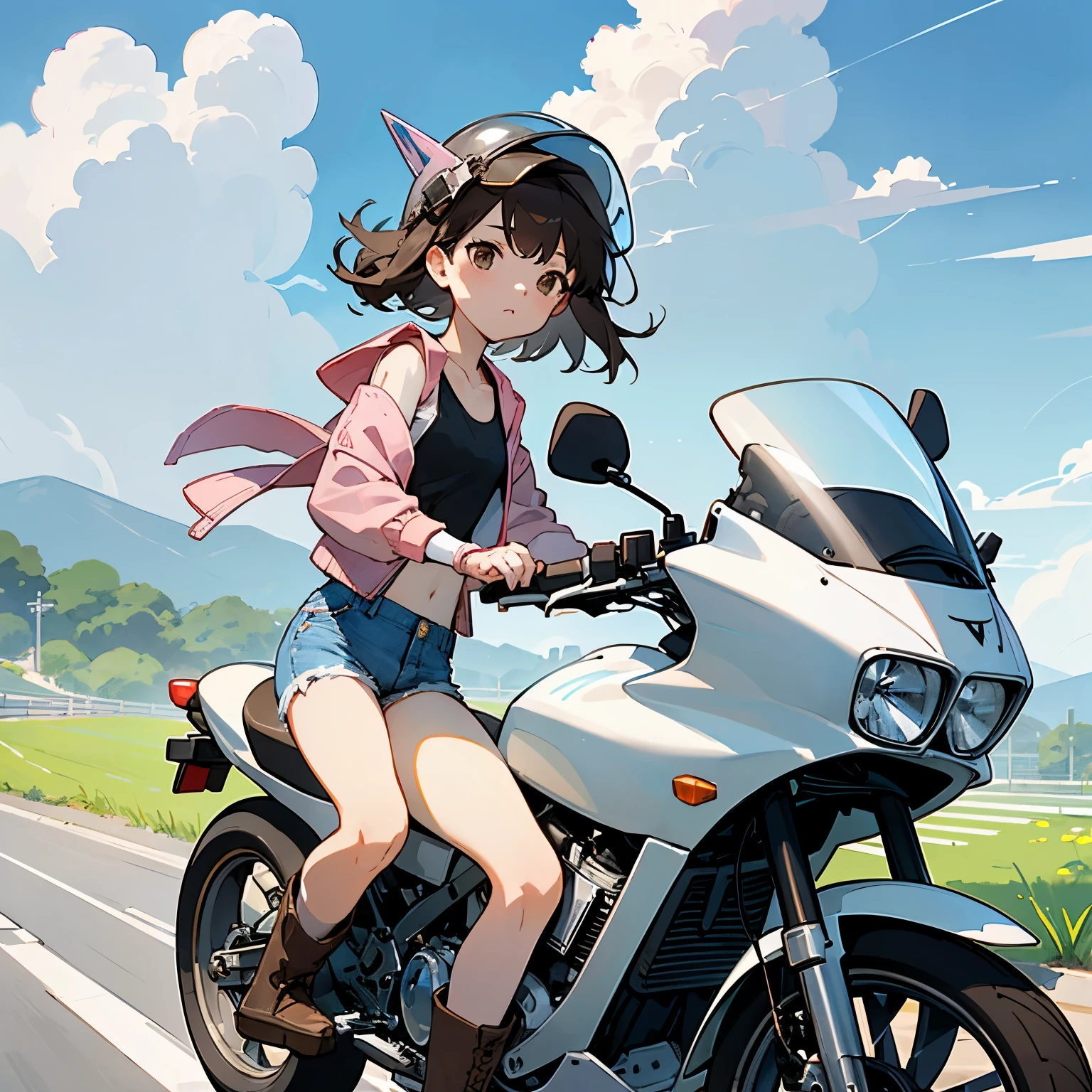 Highest quality、A girl is riding a white Super Cub、Dark brown short cut、(He is wearing a jet helmet with white and black lines running down the center of the helmet from front to back.、White tank top、Pink jacket、Denim shorts、White knee-high socks、Brown work boots:1.3)、Japanese countryside scenery、Road beside the stream、Small creek、Dirt Road、Weeds grow along the side of the road、Blue sky、White clouds floating、Early summer sky、