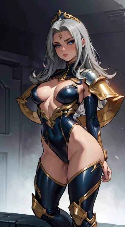 Best quality, high resolution, (Masterpiece:1), Beautiful (Marvel comics) impractical armor, 1woman, Tiny chest thin waist, Wide trapezoidal hips, gold cosplay, Superia, Detailed face, Defiant expression, Heavy boots, diadem, Beautiful and strong, Full body shot, Volumetric lighting, (blank background, Bold colors, gray background), final fantasy