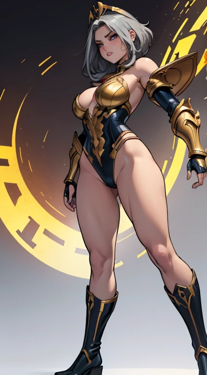 Best quality, high resolution, (Masterpiece:1), Beautiful (Marvel comics) impractical armor, 1woman, Tiny chest thin waist, Wide trapezoidal hips, gold cosplay, Superia, Detailed face, Defiant expression, Heavy boots, diadem, Beautiful and strong, Full body shot, Volumetric lighting, (blank background, Bold colors, gray background), final fantasy