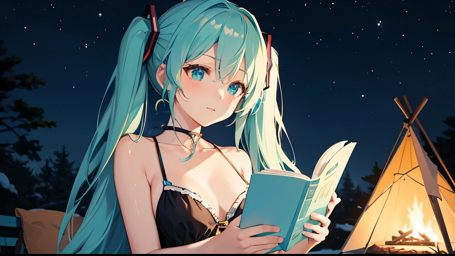 Under the beautiful starry sky、Reading by the campfire、Hatsune Miku in a bikini。４K