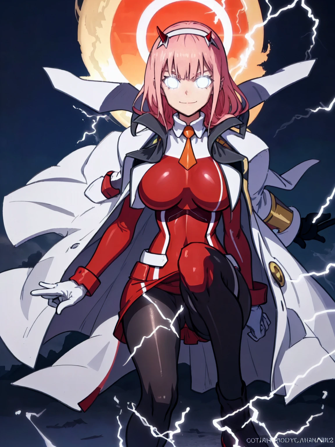 masterpiece, best quality, IncrsLowTier, electricity, glowing eyes zerotwo horns, hairband, necktie, red dress, pantyhose horns, hairband, red bodysuit, armlet, mecha horns, hairband, white bodysuit, white gloves, mecha peaked cap, red dress, white gloves, jacket on shoulders, pantyhose, cyber_armor body_suit,huge_breast, tall female, fulll body, sun light, smile,, sun aura,, boots