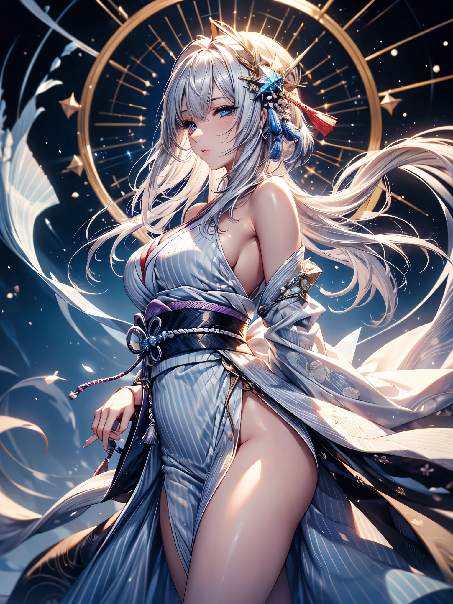 (Ultra-delicate), (Be focused), (high resolution), (((Silver hair with gradient stripes and light blue tail))), Cute beauty face, Ultra-fine facial texture, ((Clear light blue eyes)), thin eyebrows, long upper eyelashes, Double eyelids, Upper Eye, high fidelity eyes, (super detailed eyes), Sexy lips, High lip detail, White skin, Delicate skin, Deformed depth of field blurred background, (Detailed background), Perfect layer cut, Atmospheric distance, (full-body shot/Cowboy shooting/side view), wallpaper, Shimmer, complicated, familiar, Onmyoji, particle, constellation, Stardust, universe, Pentagram, ((Talisman)), Comfort and tranquility, peaceful, Japan, kariginu, kimono, With crystal, Fortune Telling, time and space, incantations, artistic, 8k