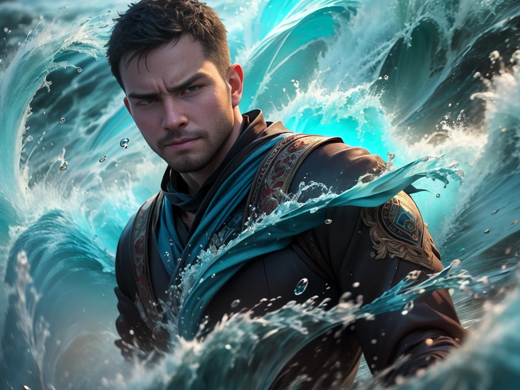 ((best quality)), ((masterpiece)), (detailed), (actual), (official art), (extremely detailed CG unity 8k wallpaper), (water magic:1.2), (Manipulating water:1.1), (Component control:1.2), (graceful movements:1.1), (aquatic beauty:1.2), (mysterious power:1.2), (Calm expression:1.1), (Flowing tides:1.2), (sparkling water droplets:1.2), (magic aura:1.1), (magic spell:1.2), (rippling waves:1.2), (magnificent water formation:1.1), (Emerging from the whirlpool of water:1.2), (Resonate with nature:1.2), (commanding the elements:1.2), (translucent veils:1.1), (Wisdom and strength:1.2), (glamor vortex:1.2), (Glow-glazed:1.1), (With the sea:1.2), (Mysterious origins:1.2), (balance:1.1), (the power of calm:1.2), (a mesmerizing spectacle:1.2), (Immerse yourself in liquid magic:1.1), (Embrace his destiny:1.2), An award-winning original photo, 1 man, solo, (41 year old)), George Pei, Chris Redfield, ((daddy)), muscular male, round face, soft smirk, tall and hunk,  best quality, masterpiece, high resolution:1.2, Dynamic Angle, volumetric lighting, (Best quality, A high resolution, Photorealistic), Cinematic lighting, Masterpiece, RAW photo, Intricate details, hdr, depth of field，brush cut，short detailed hair，fatness，double eyelid，slightly fat big breasts,(Best quality, A high resolution, Photorealistic), Cinematic lighting, Masterpiece, RAW photo, Intricate details, hdr,