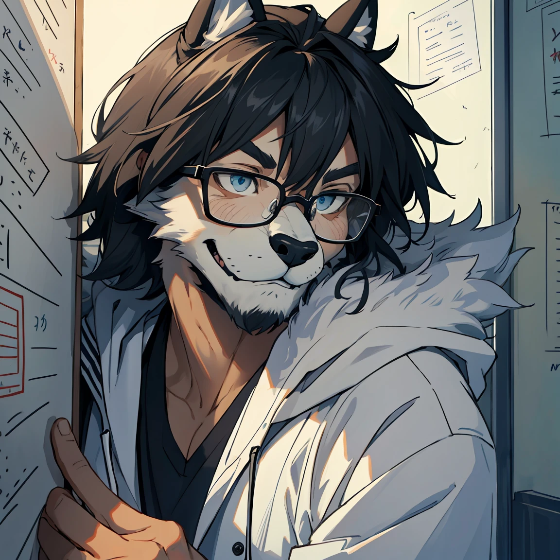 high resolution, Paid rewards available, An unrivalled masterpiece, street(Very detailed and beautiful face and eyes)absurd, Perfect anatomical structure, Good lighting, Volumetric Lighting, Movie Shadows(Angelic handsome 1boy, Beast field, Focus only, single, laugh awkwardly, Glasses)(Furry personification:1.7)(Hairy body, dog facial features, dog body features)(Very fine body hair)Handout((University professor))Dirty white coat, class, Difficult formula, Whiteboard,