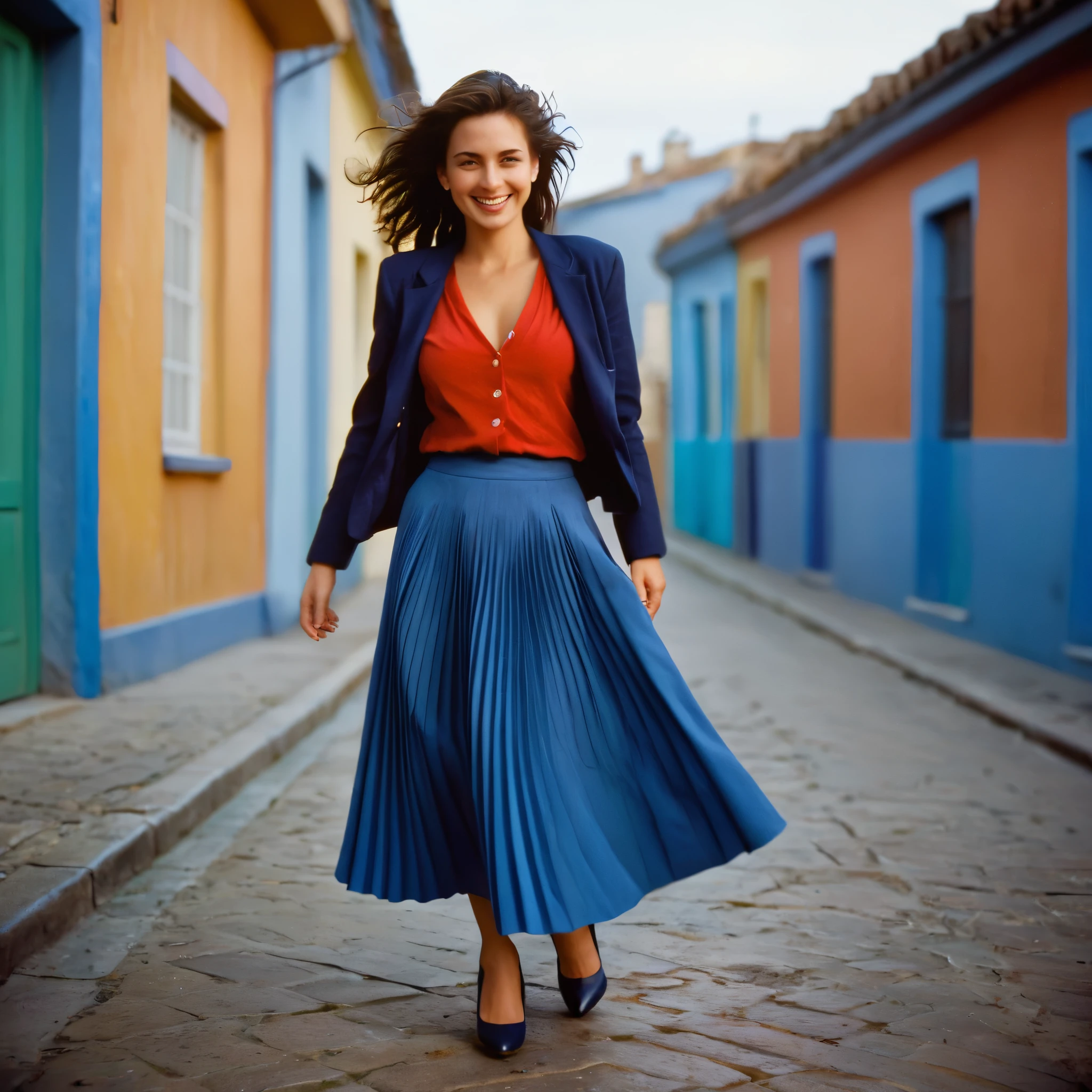 A smiling, authentic, (shy:1,3), kind, beautiful woman, is passionately in love with her skirt, loving while wind lifts her skirt, wearing short blazer and very, very detailed (long (fully pleated) full circle skirt) and (low heeled court shoes), very, very intricate hyper-detailed symmetric (attractive graceful young feminine face) with (sad, tired eyes and a loving smile), very voluptuous breasts, full of empathy and compassion and love, (pronounced (feminine) features), (highly detailed ultra accurate realistic) hands and fingers, (windy), epic composition, highly detailed attributes, (35mm f1.4 Kodak portra 400 photograph), extremely high quality RAW photograph, highly detailed atmosphere, cinematic shot, dynamic lighting, 75mm, Technicolor, Panavision, cinemascope, sharp focus, fine details, 8k, HDR, realism, realistic, key visual, film still, superb cinematic color grading, depth of field