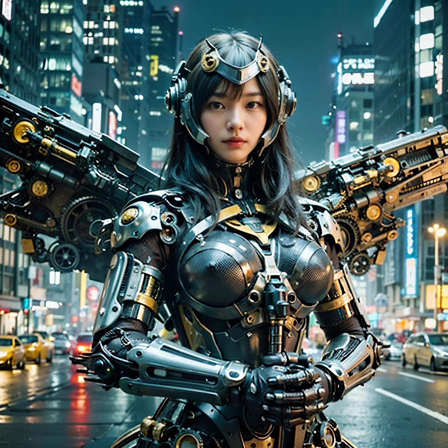 Masterpiece, (ultimate quality:1.2), 8k, Japanese woman in turtle-type powered suit, silver base with yellow and black accents, very beautiful face, mechanical, (mechanical bat wings), jet pack, hydraulic cylinder, power pipe, ultimately intricate details, full body shot, (ultimate photo Realistic:1.37), future metropolis at night, (Steampunk: 1.2), (Cyberpunk), Full body photo, Wide-angle shot,