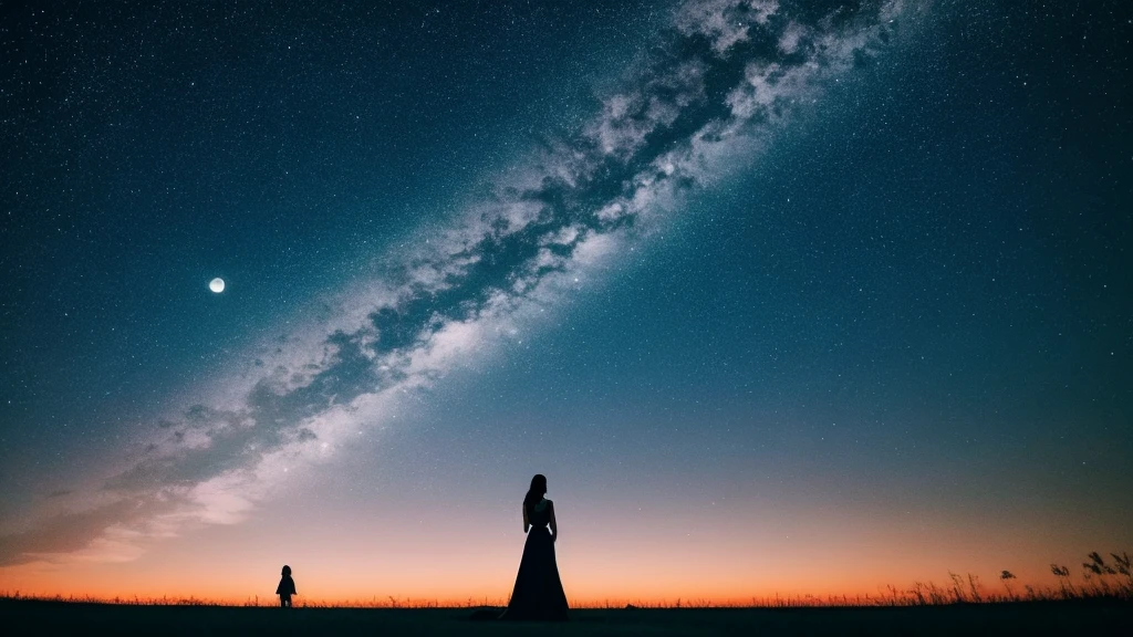 there is a beautiful moonset with a field of grass and a person in the background, night sky, Cores surreais, green moon setting, dark sky, wonderful sky, stunning sky, sonho como atmosfera 8k, estrelas brilhantes e galaxias, surreal sky, reflexos verdes e azuis, beautiful sky, beautiful and spectacular twilight, bela paisagem sonhadora, incredible sky, unrecognizable people, person with dark black lighting in an identifiable manner.