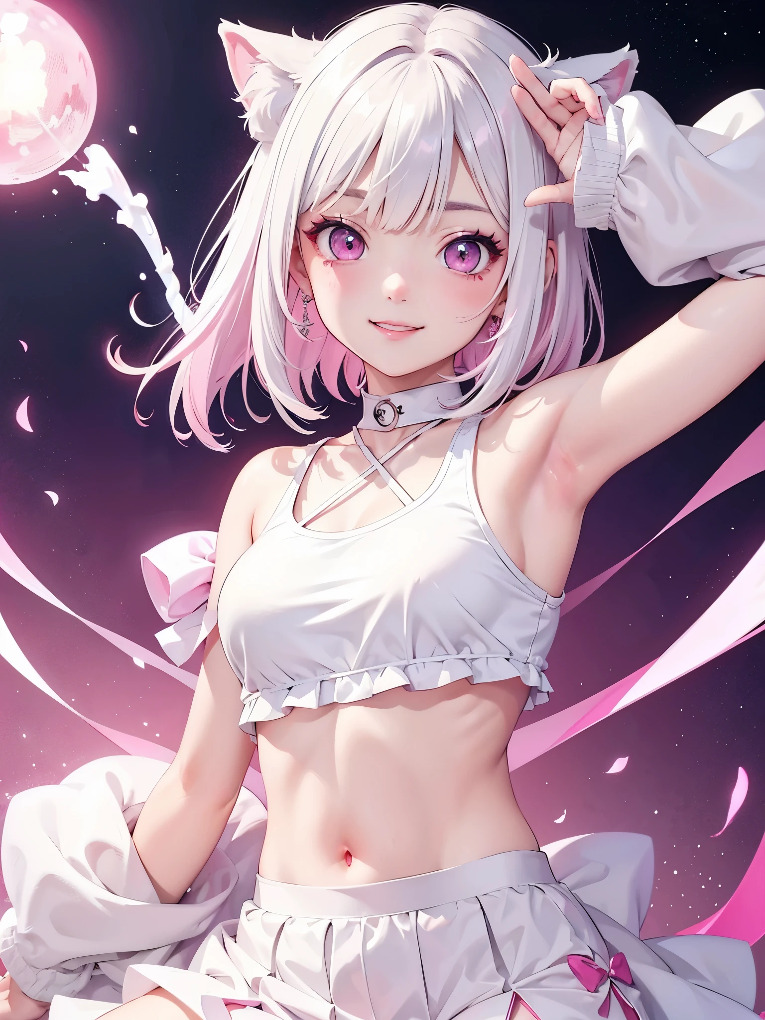 White hair. Short hair. Inner pink hair. Anime girl. Asian girl. Ulzzang. Pink eyes. Glowing eyes. Smiling. Tanktop. Armpit. Nekomimi.