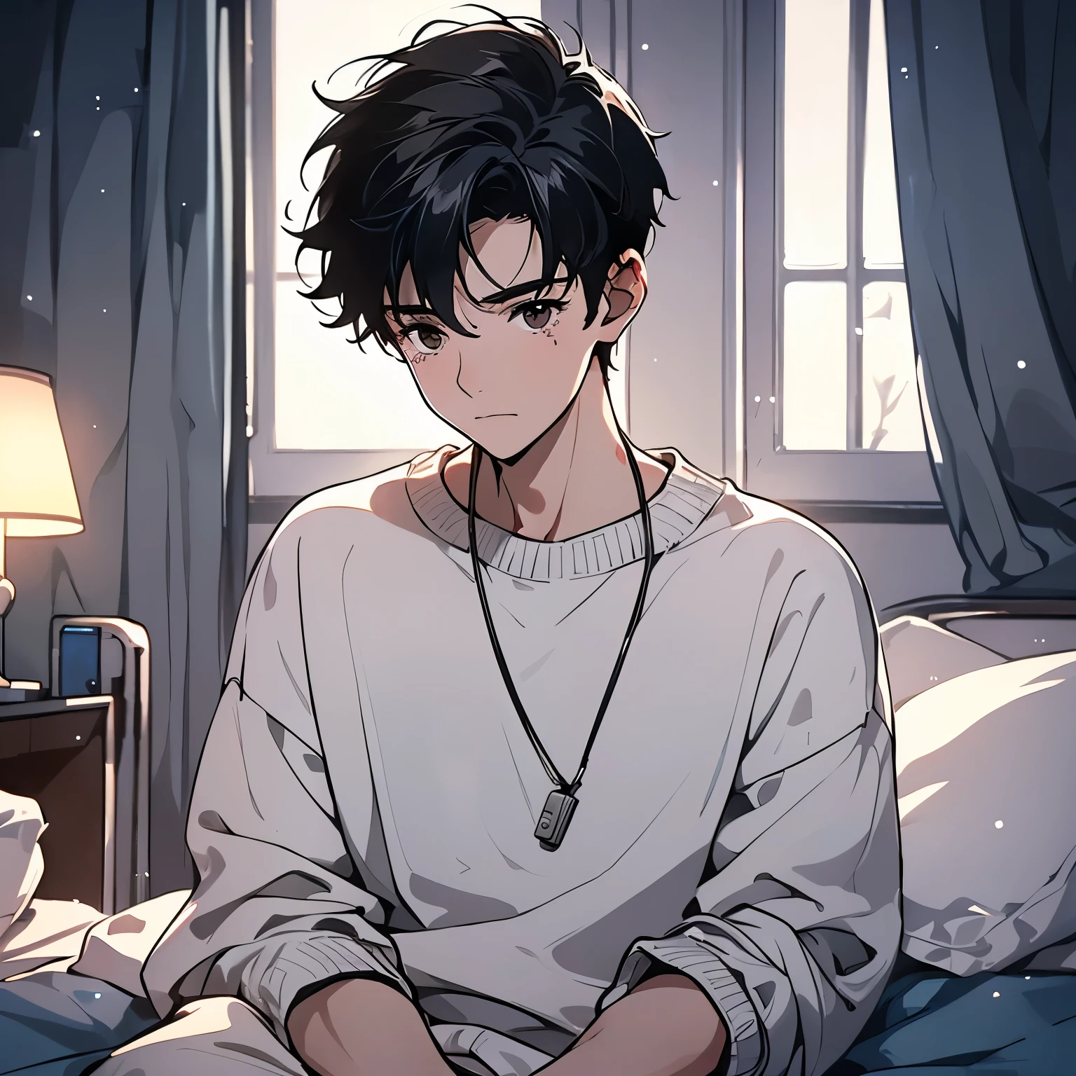 A black hair,18-year-old man in white sweater,Sitting by the bed in the hospital ward,Sad expression,Laugh and cry,Tears(Upper body display:1.5)(cinematic lighting:1.5))(ultra-high detail:1.5)(best quality:1.5)