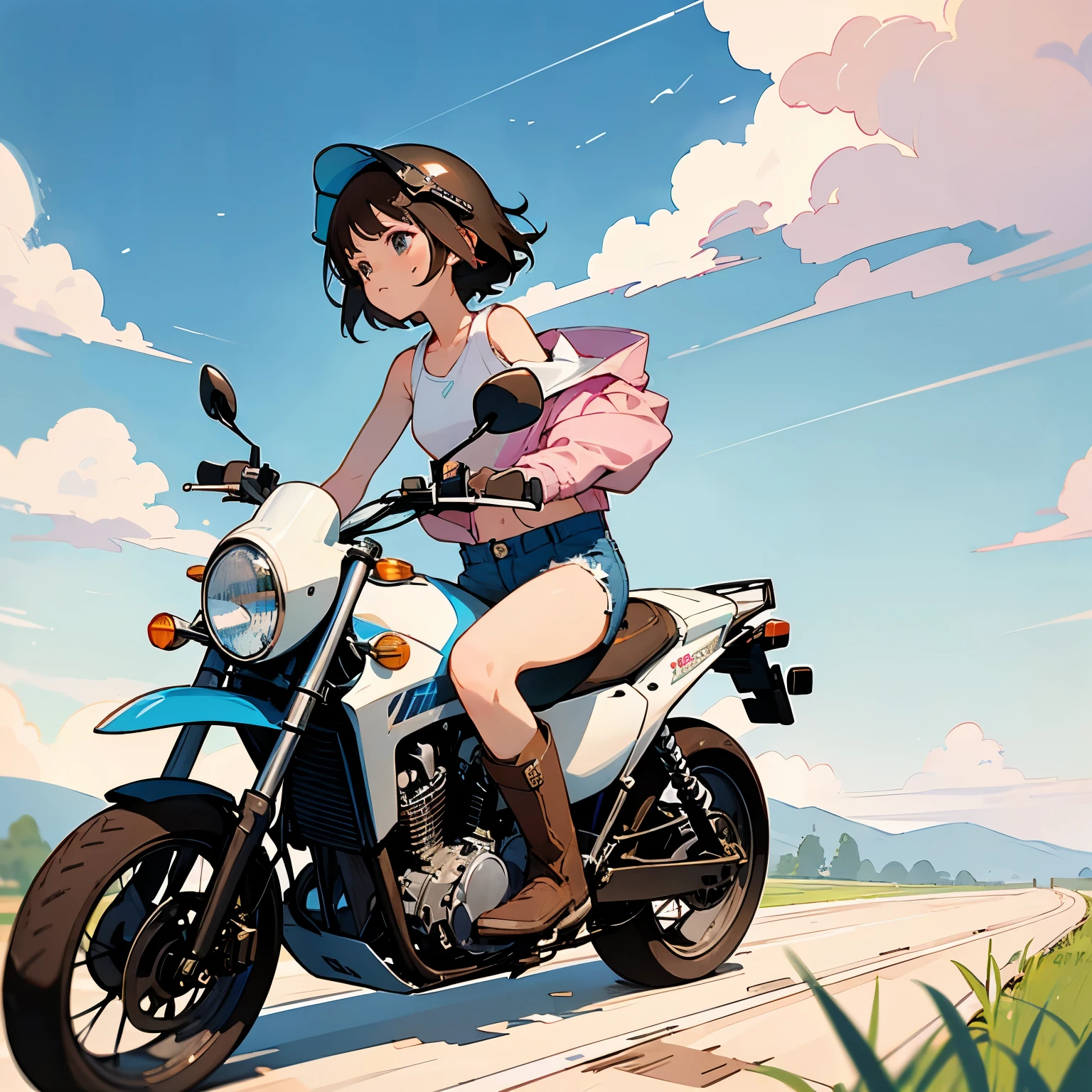 Highest quality、A girl is riding a white Super Cub、Dark brown short cut、(He is wearing a jet helmet with white and black lines running down the center of the helmet from front to back.、White tank top、Pink jacket、Denim shorts、White knee-high socks、Brown work boots:1.3)、Japanese countryside scenery、Road beside the stream、Small creek、Dirt Road、Weeds grow along the side of the road、Blue sky、White clouds floating、Early summer sky、
