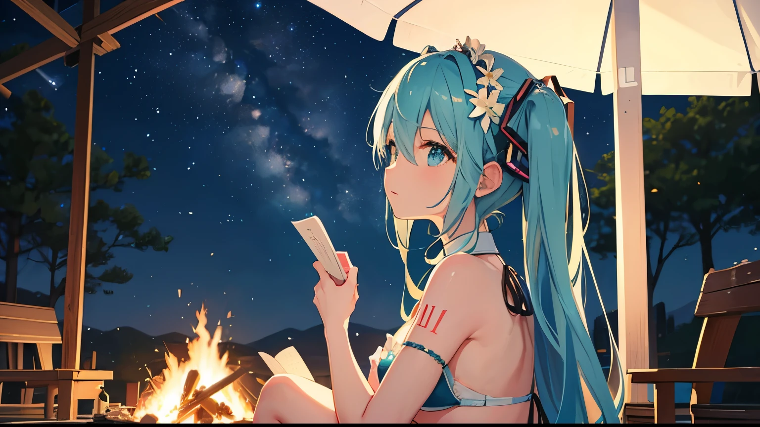 Under the beautiful starry sky、Reading by the campfire、Hatsune Miku in a bikini。4K