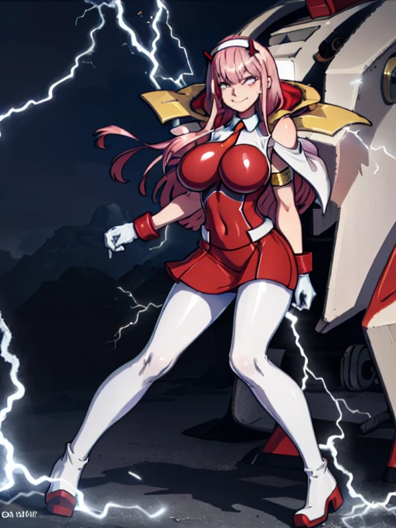 masterpiece, best quality, IncrsLowTier, electricity, glowing eyes zerotwo horns, hairband, necktie, red dress, pantyhose horns, hairband, red bodysuit, armlet, mecha horns, hairband, white bodysuit, white gloves, mecha peaked cap, red dress, white gloves, jacket on shoulders, pantyhose, cyber_armor body_suit,huge_breast, tall female, fulll body, sun light, smile,, sun aura,, boots