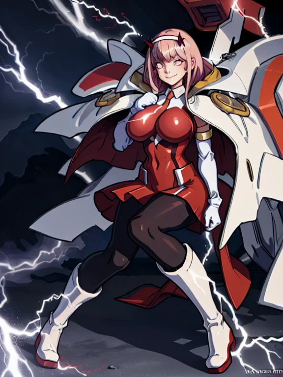 masterpiece, best quality, IncrsLowTier, electricity, glowing eyes zerotwo horns, hairband, necktie, red dress, pantyhose horns, hairband, red bodysuit, armlet, mecha horns, hairband, white bodysuit, white gloves, mecha peaked cap, red dress, white gloves, jacket on shoulders, pantyhose, cyber_armor body_suit,huge_breast, tall female, fulll body, sun light, smile,, sun aura,, boots