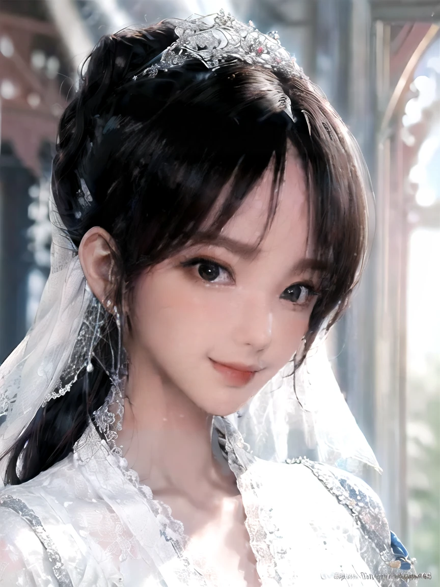 Miss((20 years old)), hair((Black)), Eye((smart Eye, Black)), clothing((White lace, 白色Wedding dress, Wedding dress)), hair bun, Headdress, veil, bouquet, huge , Large Breasts, Smile, Korean makeup, Heavy makeup, white church, Church Wedding,