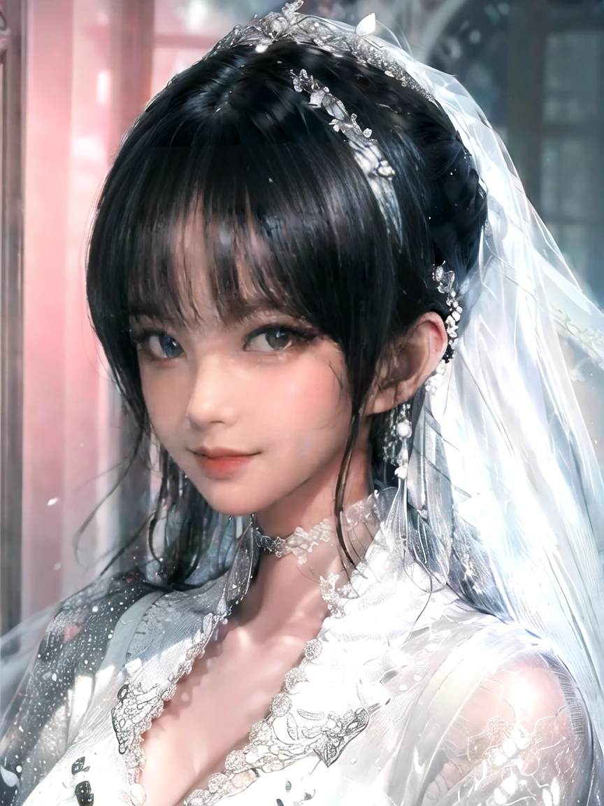 Miss((20 years old)), hair((Black)), Eye((smart Eye, Black)), clothing((White lace, 白色Wedding dress, Wedding dress)), hair bun, Headdress, veil, bouquet, huge , Large Breasts, Smile, Korean makeup, Heavy makeup, white church, Church Wedding,
