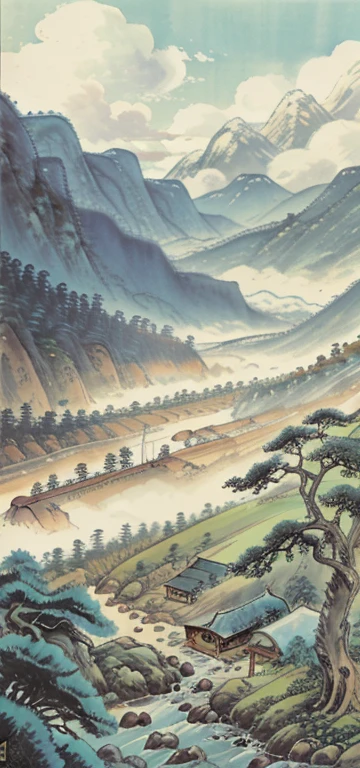 Chinese landscape painting,big tree，Rock，Fall，flowing water,pine,Small boat,river,Sky，White Cloud,Several farmhouses，