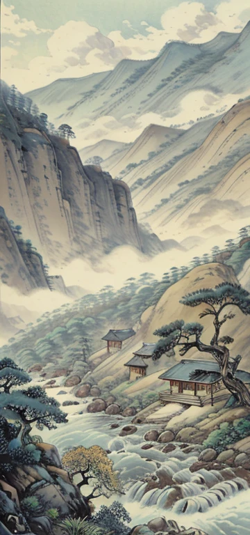 Chinese landscape painting,big tree，Rock，Fall，flowing water,pine,Small boat,river,Sky，White Cloud,Several farmhouses，