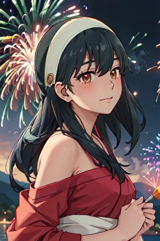 masterpiece, best quality, ultra detailed, highres, extremely detailed CG unity 8k wallpaper, perfect lighting, very detailed background, beautiful and aesthetic,sharp focus, perfect face, dynamic pose, dynamic angle,
1girl, upper body, (portrait:1.1), multicolored yukata, kanzashi, looking at viewer, full-face blush, from side, from below, smile,
night, dark sky, misty lake, mountainous horizon, break,aerial fireworks, (Full of sky fireworks:1.2),
、Shoulder Bare、(Off the shoulder)、(Holding a handheld firework:1.2)、(middle Breasts:1.0)、
(yor_briar_spyxfamily:1.4)