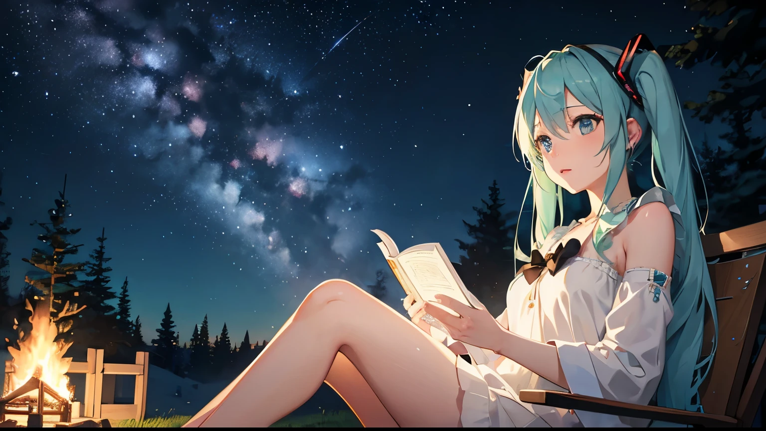 Under the beautiful starry sky、Reading by the campfire、Naked Hatsune Miku。4K