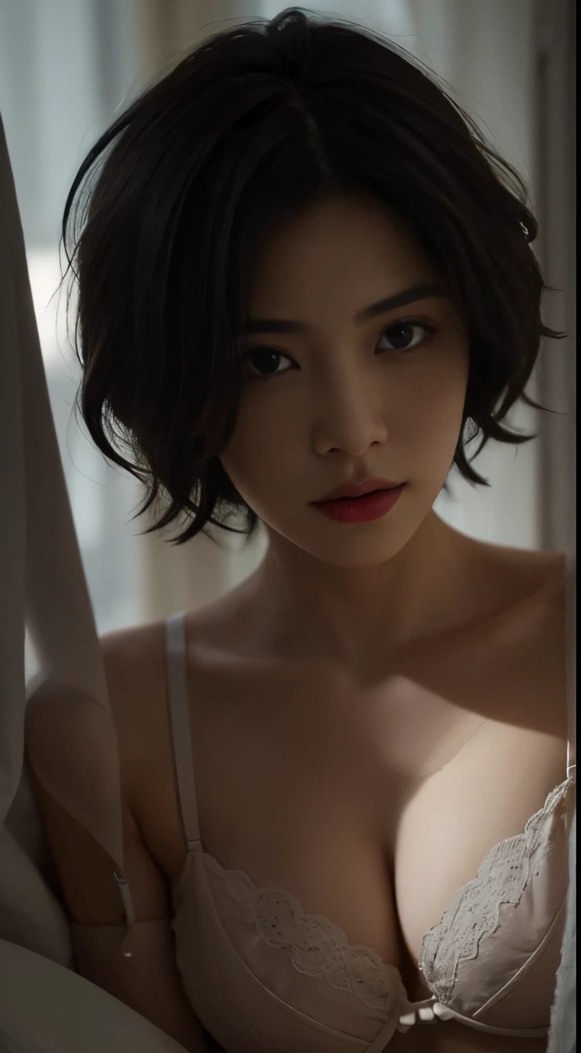 Best quality, masterpiece, ultra high res, (photorealistic:1.5), raw photo, 1girl, offshoulder, deep shadow, low key, cold light, sexy look, short hair, bra strap,