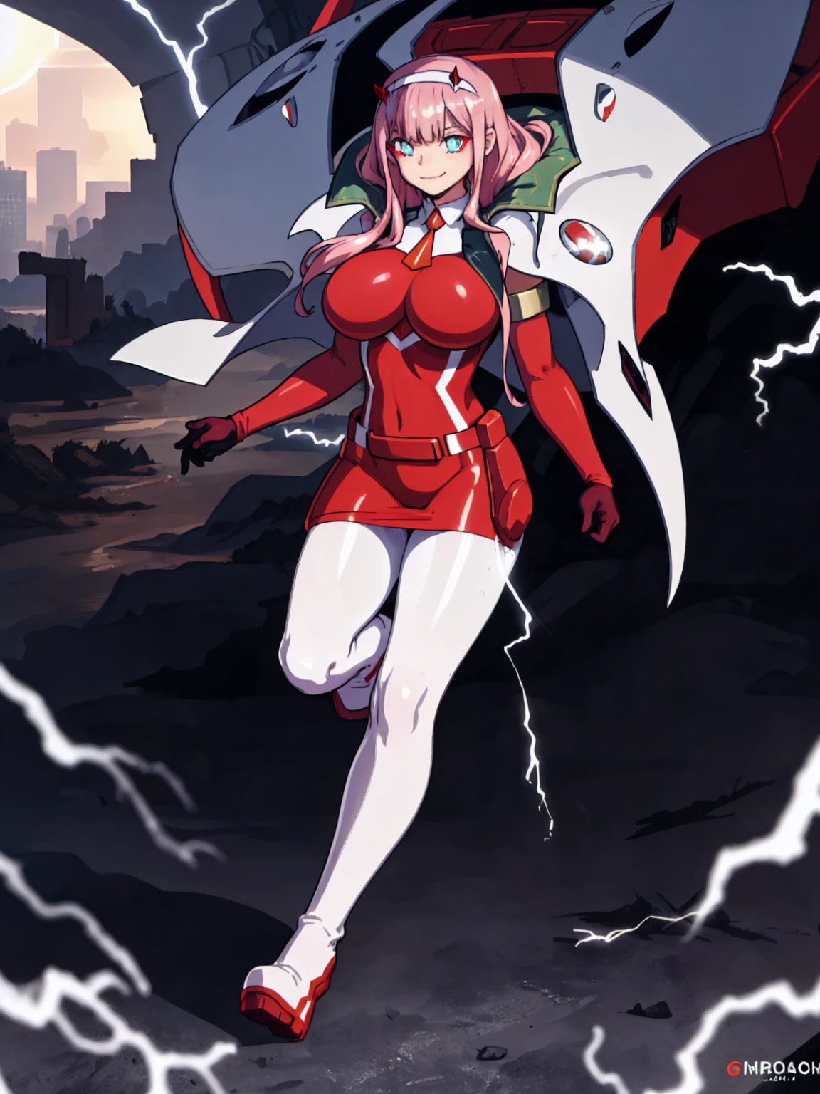 masterpiece, best quality, IncrsLowTier, electricity, glowing eyes zerotwo horns, hairband, necktie, red dress, pantyhose horns, hairband, red bodysuit, armlet, mecha horns, hairband, white bodysuit, white gloves, mecha peaked cap, red dress, white gloves, jacket on shoulders, pantyhose, cyber_armor body_suit,huge_breast, tall female, fulll body, sun light, smile,, sun aura,, boots