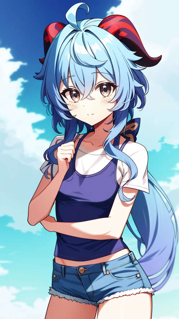 1 girl, solo, Ganyu (Genshin), chest, horns, long hair, blue hair, ahoge, looking at camera, holding, blushing, bangs, short sleeves, absolute territory, purple eyes, medium breasts, goat horns , , very long hair, standing , closed mouth, , side lock, cowboy shot, fluffy, red eyes, hair between the eyes, (colorful cloud background blur) 1.2, fluffy, soft, ( (Highest Quality)), (Highly Detailed, Top Details, Official Art, Beauty and Aesthetics: 1.2 ), Text Frame Depth, Composition, Blue Striped Tank Top, Denim Shorts,