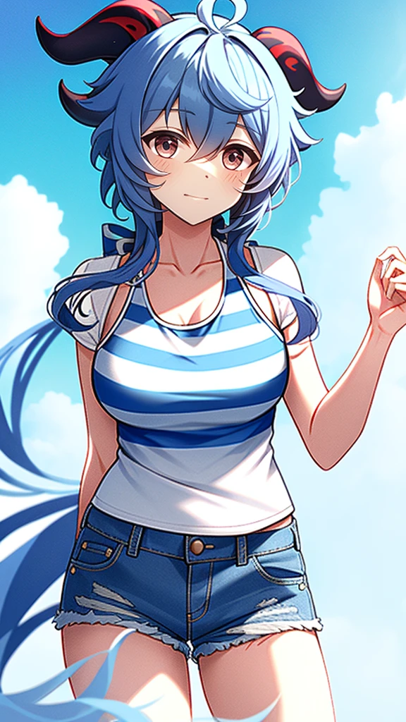 1 girl, solo, Ganyu (Genshin), chest, horns, long hair, blue hair, ahoge, looking at camera, holding, blushing, bangs, short sleeves, absolute territory, purple eyes, medium breasts, goat horns , , very long hair, standing , closed mouth, , side lock, cowboy shot, fluffy, red eyes, hair between the eyes, (colorful cloud background blur) 1.2, fluffy, soft, ( (Highest Quality)), (Highly Detailed, Top Details, Official Art, Beauty and Aesthetics: 1.2 ), Text Frame Depth, Composition, Blue Striped Tank Top, Denim Shorts,