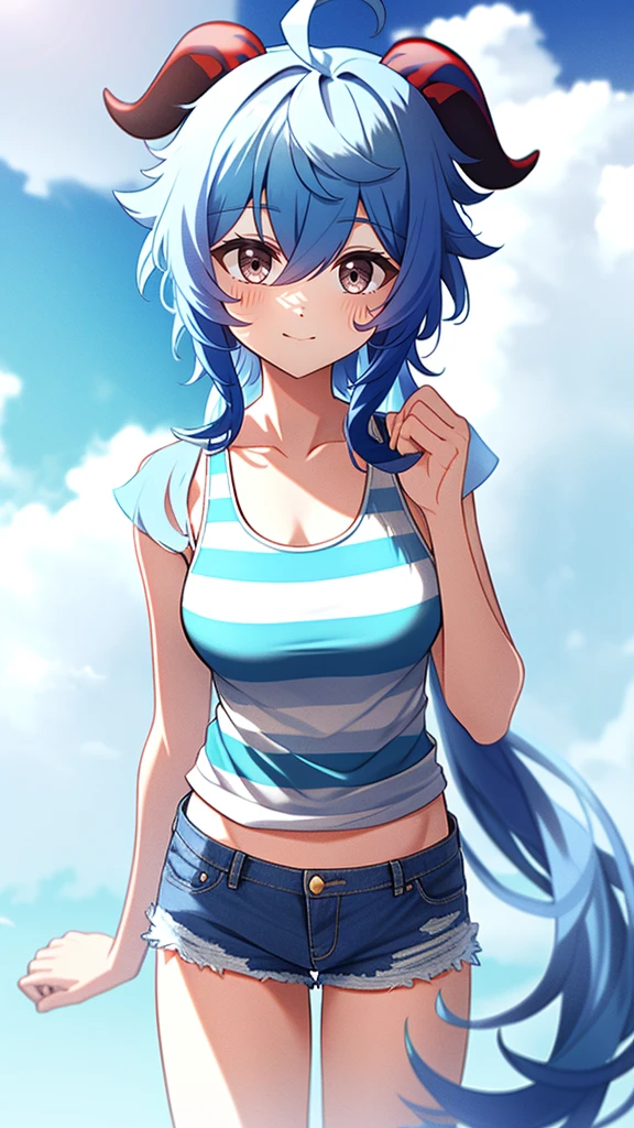 1 girl, solo, Ganyu (Genshin), chest, horns, long hair, blue hair, ahoge, looking at camera, holding, blushing, bangs, short sleeves, absolute territory, purple eyes, medium breasts, goat horns , , very long hair, standing , closed mouth, , side lock, cowboy shot, fluffy, red eyes, hair between the eyes, (colorful cloud background blur) 1.2, fluffy, soft, ( (Highest Quality)), (Highly Detailed, Top Details, Official Art, Beauty and Aesthetics: 1.2 ), Text Frame Depth, Composition, Blue Striped Tank Top, Denim Shorts,