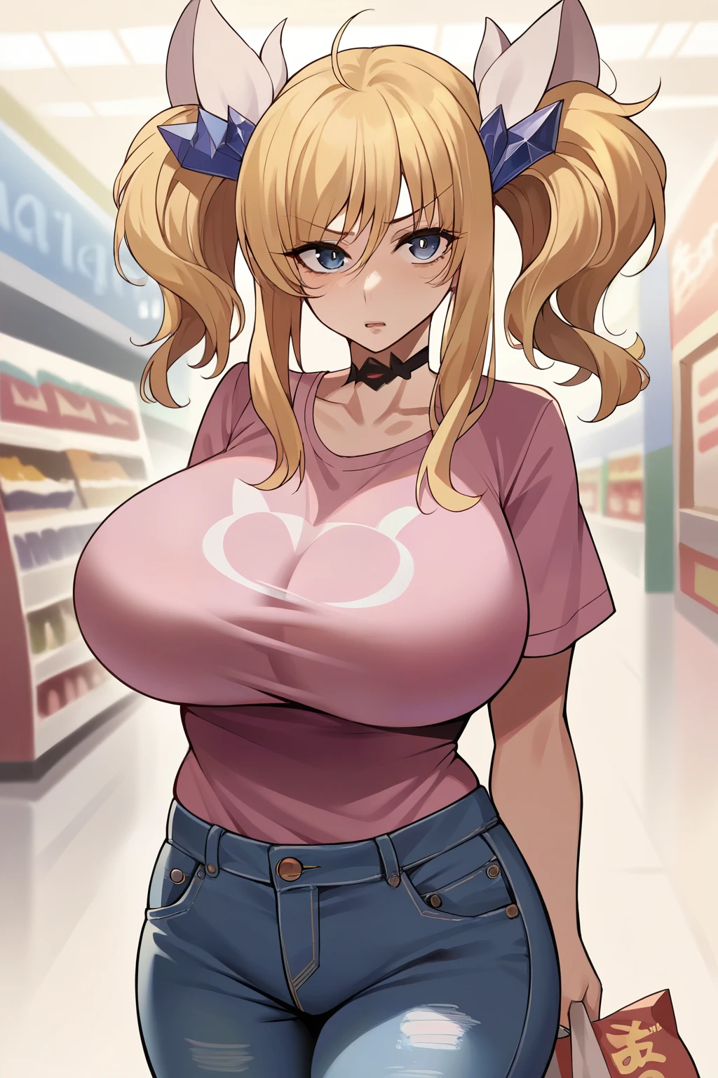 score_9, score_8_up, score_7_up, score_6_up, source_anime, BREAK 1girl, onizaki kirara, blonde hair, twintails, hair ornament, pink t-shirt, large breasts, distressed jeans, shopping mall, looking at you,