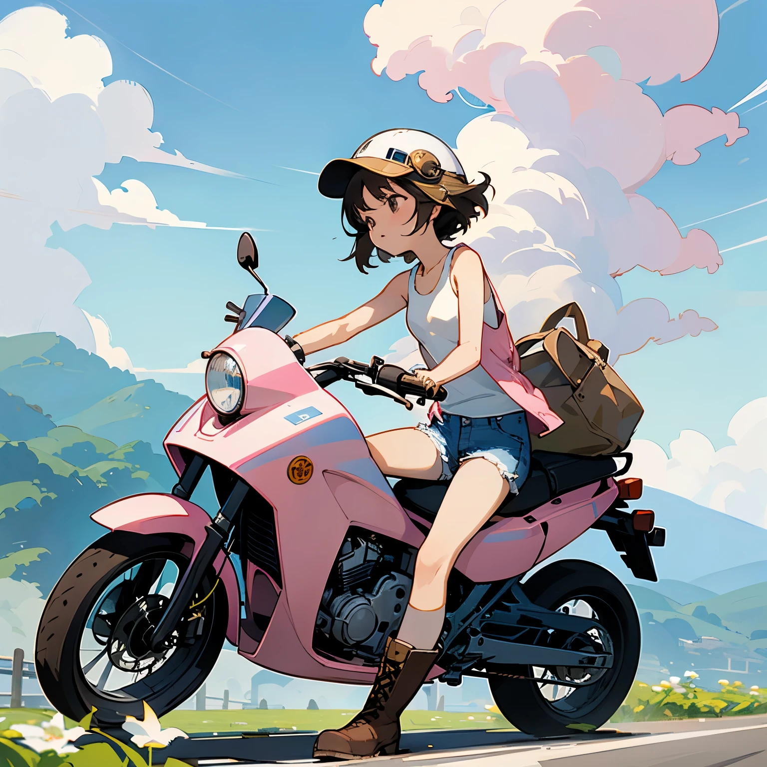 Highest quality、A girl is riding a white Super Cub、Dark brown short cut、(He is wearing a jet helmet with white and black lines running down the center of the helmet from front to back.、White tank top、Pink jacket、Denim shorts、White knee-high socks、Brown work boots:1.3)、Japanese countryside scenery、Road beside the stream、Small creek、Dirt Road、Weeds grow along the side of the road、Blue sky、White clouds floating、Early summer sky、