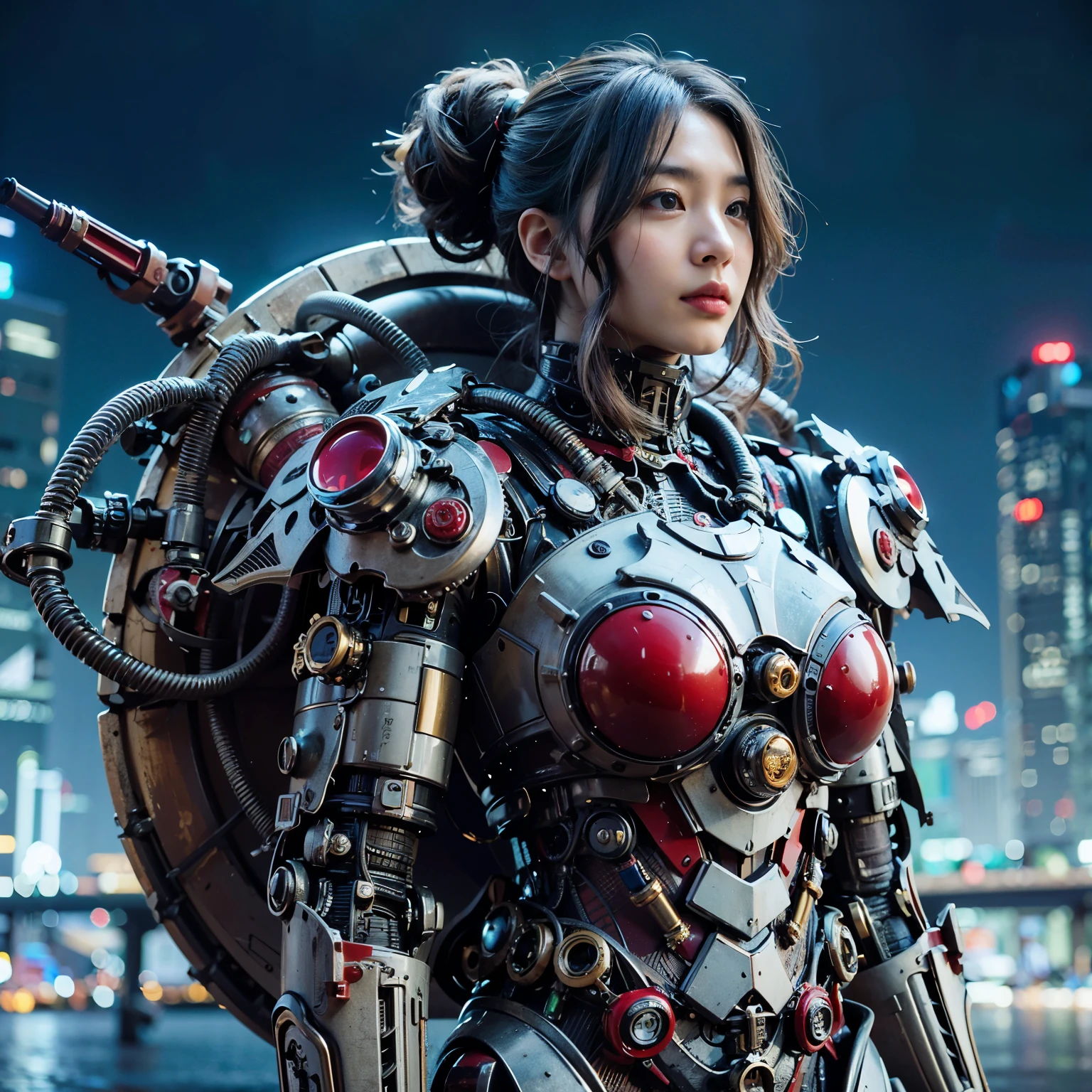 Masterpiece, (ultimate quality:1.2), 8k, Japanese woman in turtle-type powered suit, silver base with yellow and black accents, very beautiful face, mechanical, (mechanical bat wings), jet pack, hydraulic cylinder, power pipe, ultimately intricate details, full body shot, (ultimate photo Realistic:1.37), future metropolis at night, (Steampunk: 1.2), (Cyberpunk), Full body photo, Wide-angle shot,