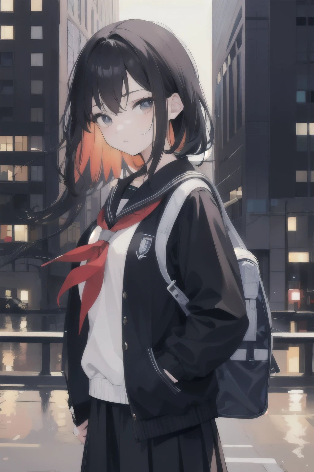 8K, masterpiece, highest quality, Illustration image, One Girl, Black Hair, No inner color, semi-long, City night downtown in the background, spring, high school student, uniform, Sailor suit, Warm colors, Black schoolback, school bag, Accurate and highly detailed backgrounds, cute, Detailed face, Fine grain, Beautiful Eyes, Face forward and then glance sideways at the viewer diagonally below, Put your hands in your pockets, Pale colors,