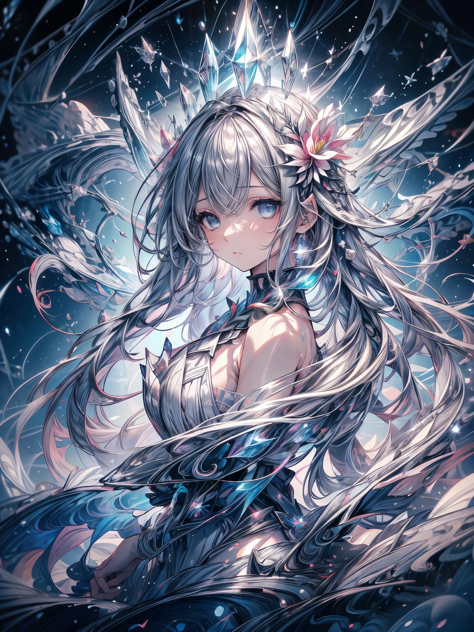 bust, Waves, 1 girl, extremely long hair, Silver slit dress, 
Flowers bloom,  galaxy, crystal, Spiral Nebula, birds,  Like a dream,
best quality, masterpiece, Ultra-high resolution, illustration, Deep Shadow, Rim Light, 
Ultra-delicate, Clear focus, (high resolution), Deformed depth of field blurred background, Detailed background, Perfect layer cutting,