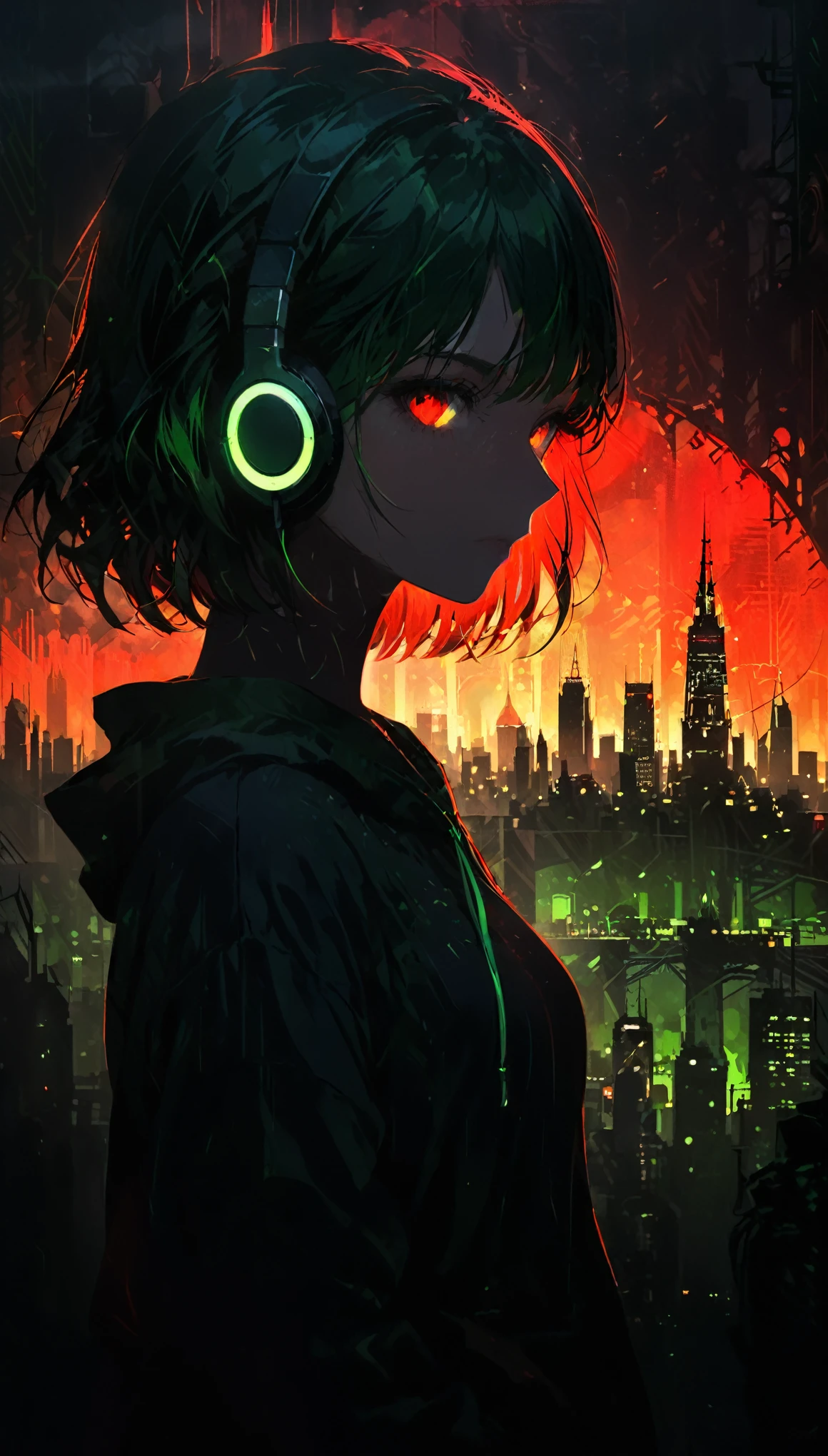 (artist by Florence Broadhurst:1.2),1girl,bob cut,hoodie,headphones,silhouette,
(skyline:1.3),(cityscape:1.4),a big iron tower,Standing at the top of the tower,solo,green theme,low saturation,silhouette,(Background with rich lines:1.8),abstract background,detail glow red eyes,(looking the view:1.5),Girl with red eyes,(Dark atmosphere,shadow,Silhouette,Minimalist style,dark,Very strong darkness:1.8),glowneon,cowboy_shot,(fisheye:1.3)