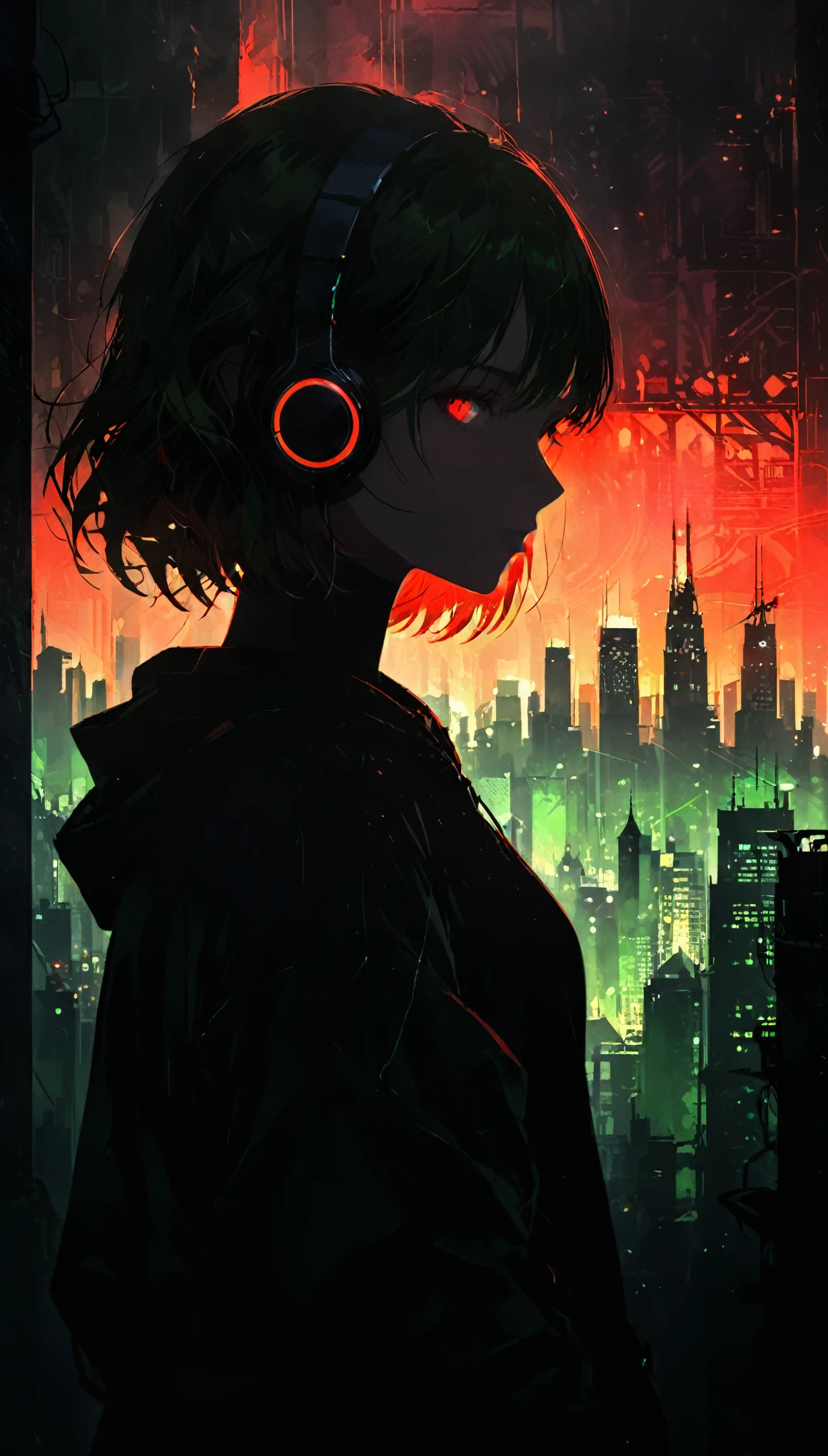 (artist by Florence Broadhurst:1.2),1girl,bob cut,hoodie,headphones,silhouette,
(skyline:1.3),(cityscape:1.4),a big iron tower,Standing at the top of the tower,solo,green theme,low saturation,silhouette,(Background with rich lines:1.8),abstract background,detail glow red eyes,(looking the view:1.5),Girl with red eyes,(Dark atmosphere,shadow,Silhouette,Minimalist style,dark,Very strong darkness:1.8),glowneon,cowboy_shot,(fisheye:1.3)