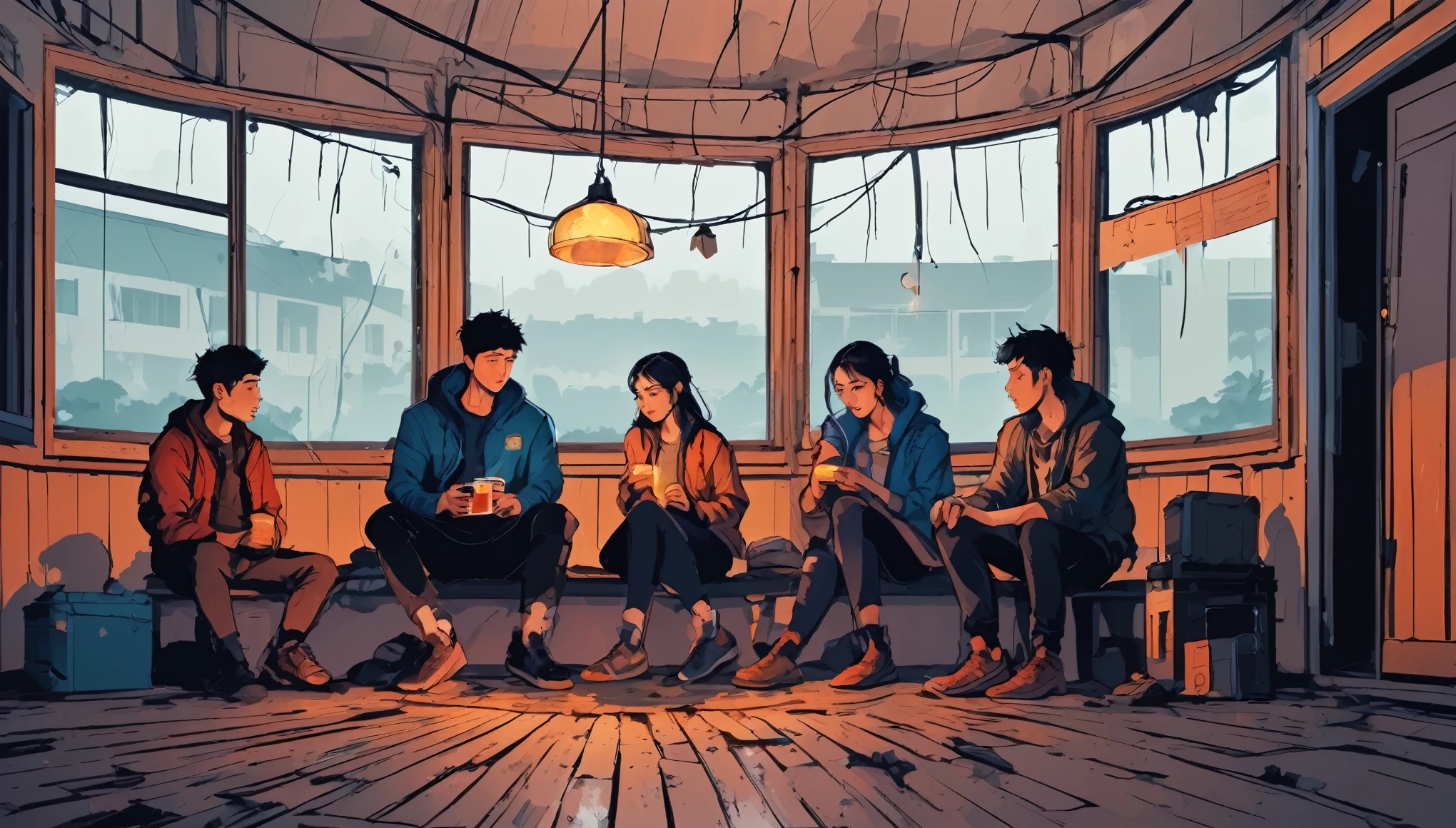 There are 3 young men and 3 young women, masterpiece, Practical, permanent, In a dilapidated classroom, (In a circle:1.5), (sit on the floor:1.5), (Eating snacks and drinking beer:1.2), evening, (It was raining heavily outside the window:1.5), Flat color, Line Art, (Delicate facial features:1.5)