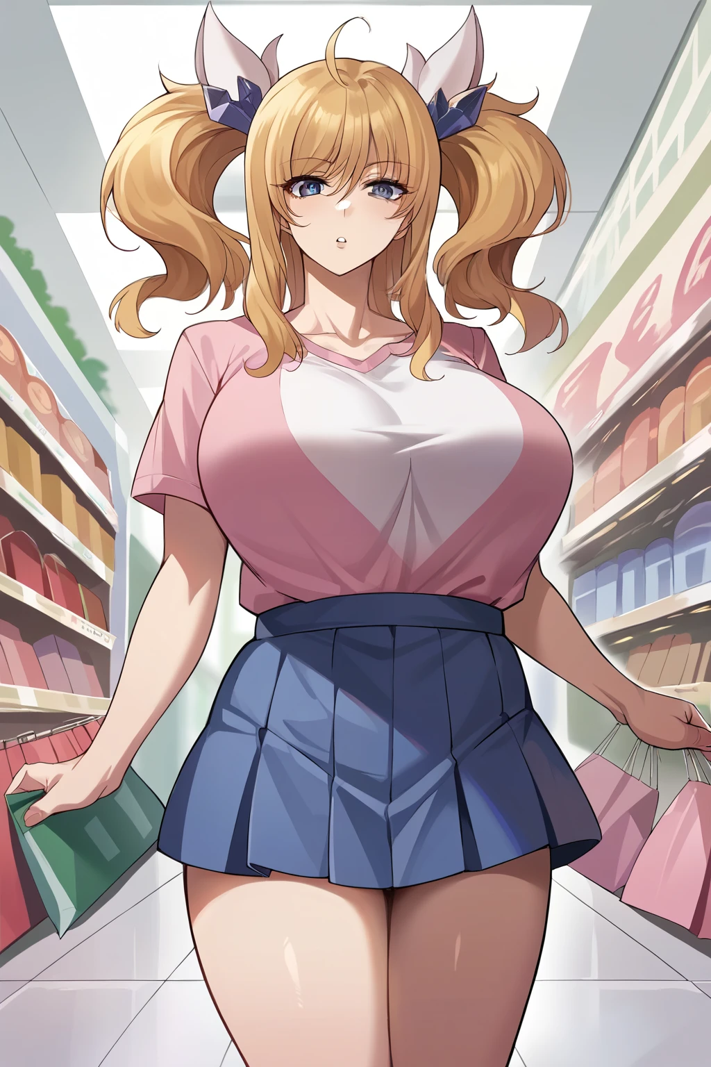 score_9, score_8_up, score_7_up, score_6_up, source_anime, BREAK 1girl, onizaki kirara, blonde hair, twintails, hair ornament, pink t-shirt, large , skirt, shopping mall, looking at you,