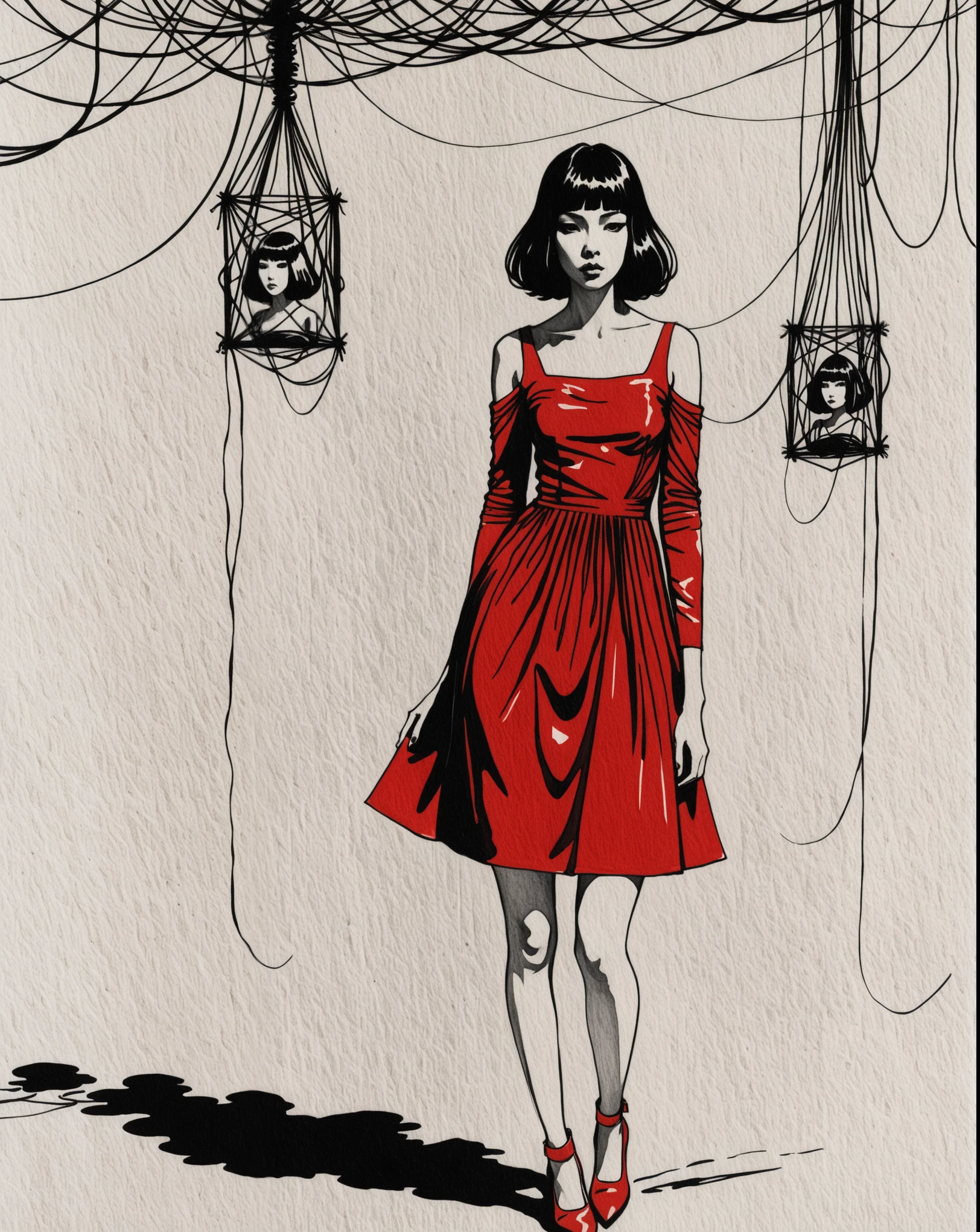 drawing of a woman in a red dress with a red dress, a sketch inspired by Chiharu Shiota, tumblr, dada, vespertine, sketch of a lucid dream, wrapped in wires and piones
, geometrical painted art illustration,