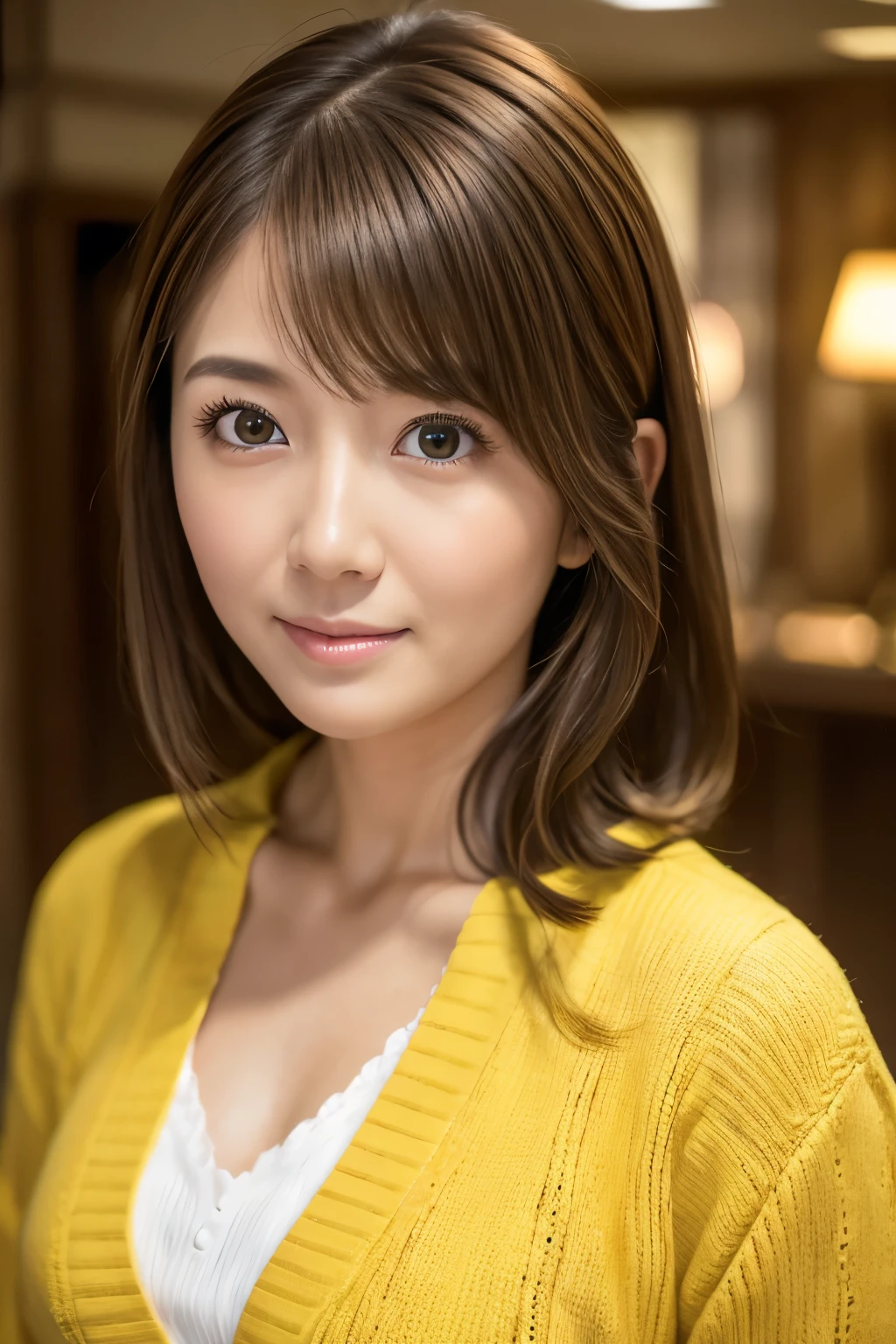 8k, highest quality, masterpiece, Realistic, Photorealistic, Ultra-detailed, Natural light, 非常にDetailed faceと肌, Detailed eyes, 非常にDetailed faceと肌の中間ショット, Beautiful woman staring at camera, Sexy pose, Beautiful Face, Realistic Face, Detailed face, Beautiful hairstyle, Realistic eyes, Fine grain, Realistic Skin, Detailed skin, Beautiful Skin, Charm, 超Realistic, Sexy yellow cardigan, kind, Brown Hair, Cute Japanese Girl, whole body