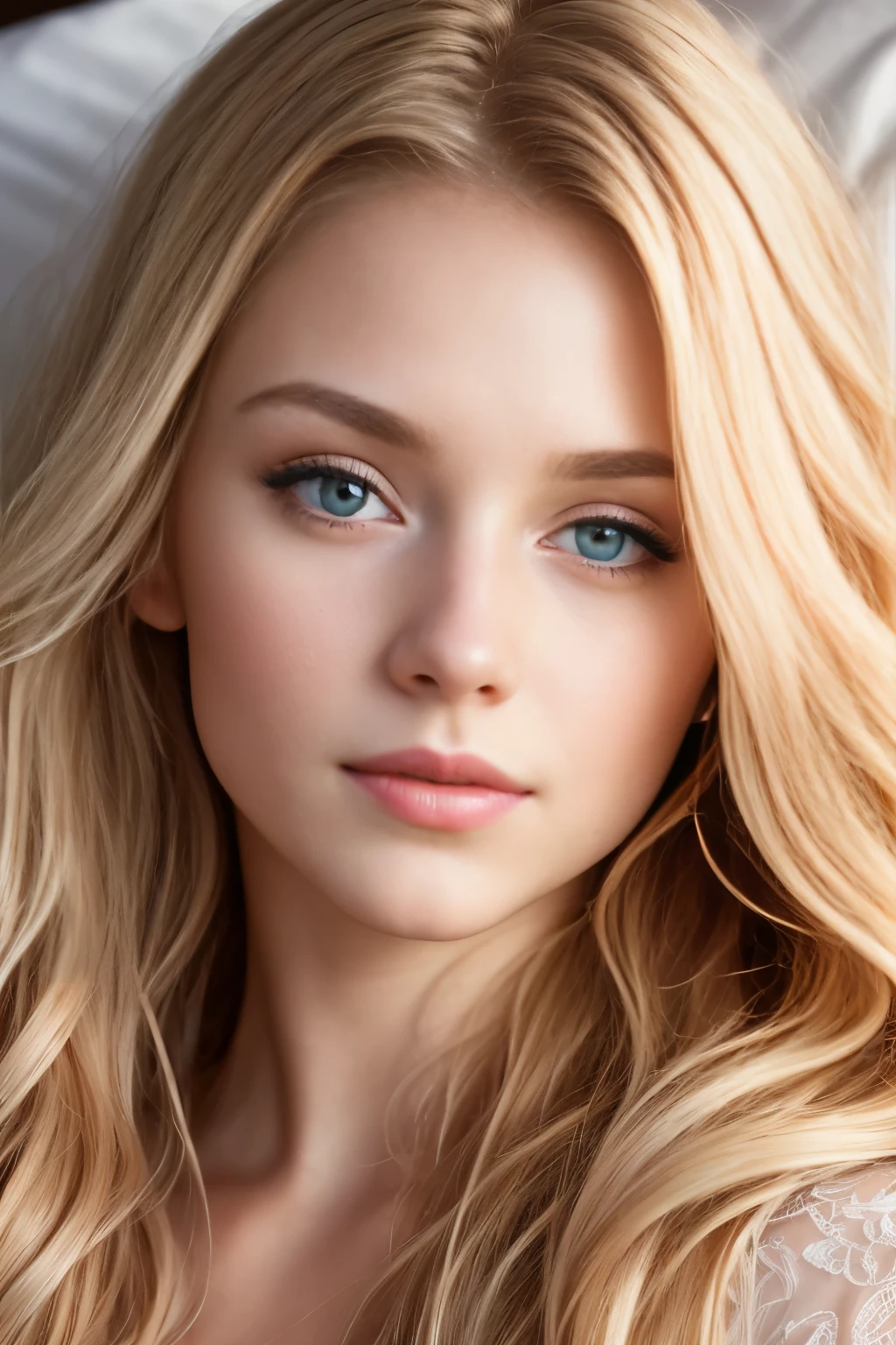 Photo of a 20-year-old European woman, .primitive, Beautiful woman, (extra long wavy blonde hair), ((sportrait)), ((Detal Face:1.2)), ((Detailed facial features)), (Fine fine skin), Pale skin, , Wrapped in sheets, room environment, Lie down in bed, (cool colours), soggy, soggy, Reflectorasutepiece) (perfectly proportions)(photograph of-realistic)(Best quality) (A detailed) Shot on a Canon EOS R5, Spring 50mm, f/2.8, NFFSW, (8K) (Wallpapers) (Cinematic lighting) (Dramatic lighting) (sharp focus) (complex) Moda, from the above