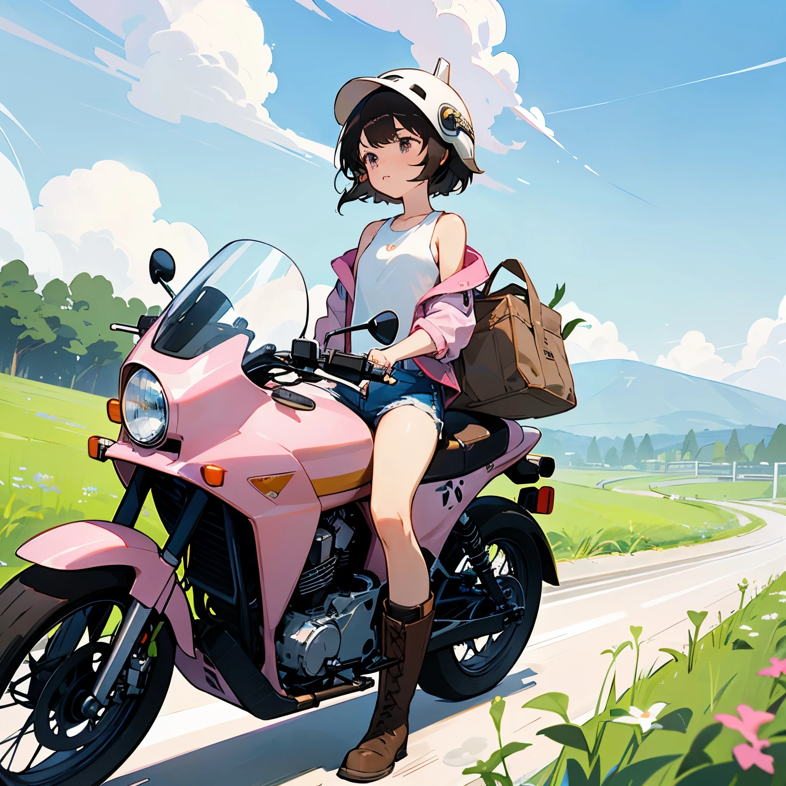 Highest quality、A girl is riding a white Super Cub、Dark brown short cut、(He is wearing a jet helmet with white and black lines running down the center of the helmet from front to back.、White tank top、Pink jacket、Denim shorts、White knee-high socks、Brown work boots:1.3)、Japanese countryside scenery、Road beside the stream、Small creek、Dirt Road、Weeds grow along the side of the road、Blue sky、White clouds floating、Early summer sky、