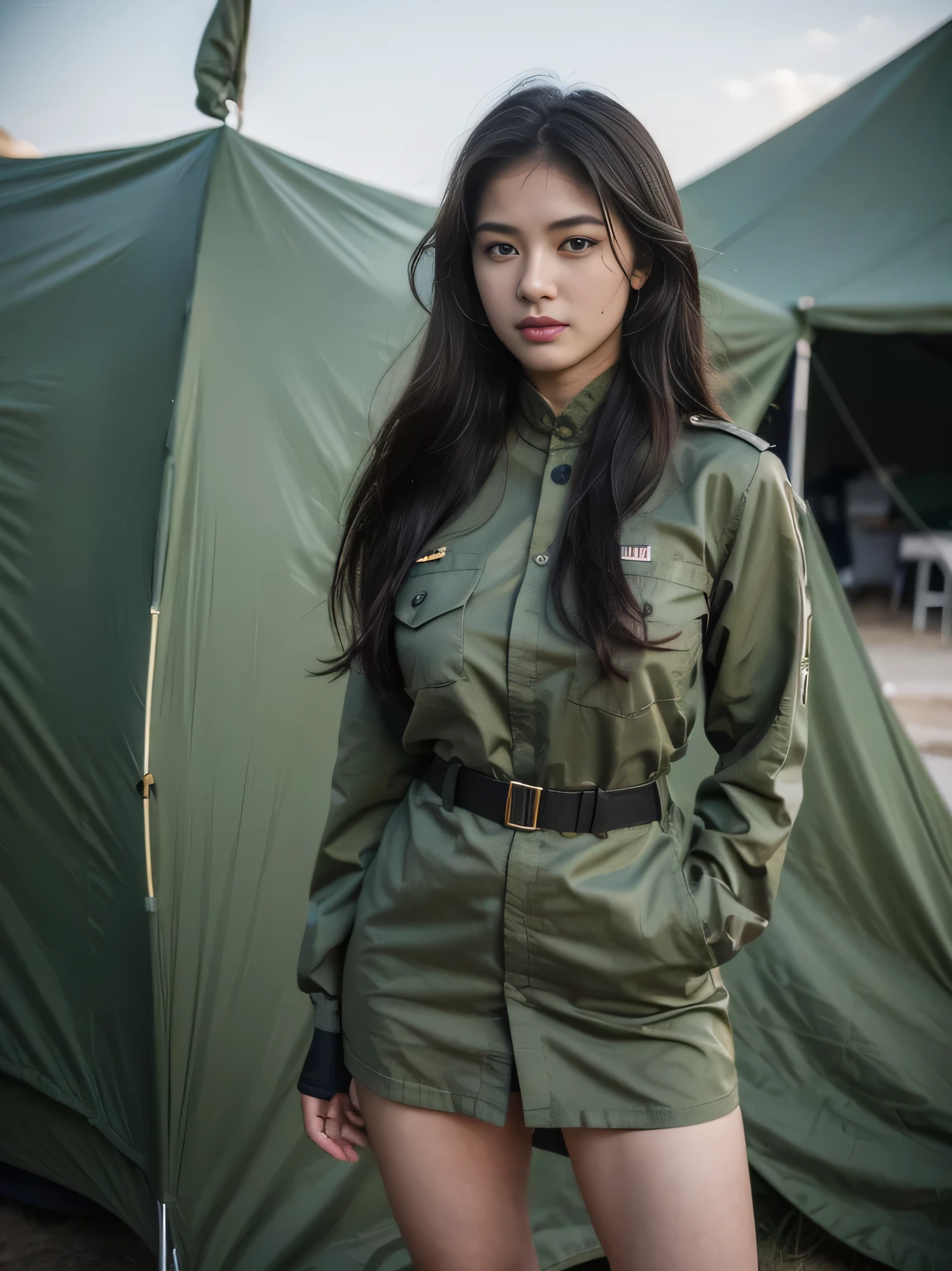 8k, highest quality, ultra detailed:1.37), Eliana, 18yo, a beautiful Asian girl, proudly stands in a military uniform, representing her role as a soldier. She wears a fitted olive green dress. The high-resolution image captures ultra-detailed realism, highlighting Eliana's determined expression, piercing eyes, and confident stance. The backdrop showcases an tent military base, adding to the authenticity and significance of the image. This visually striking representation showcases Eliana's strength and dedication as a soldier.