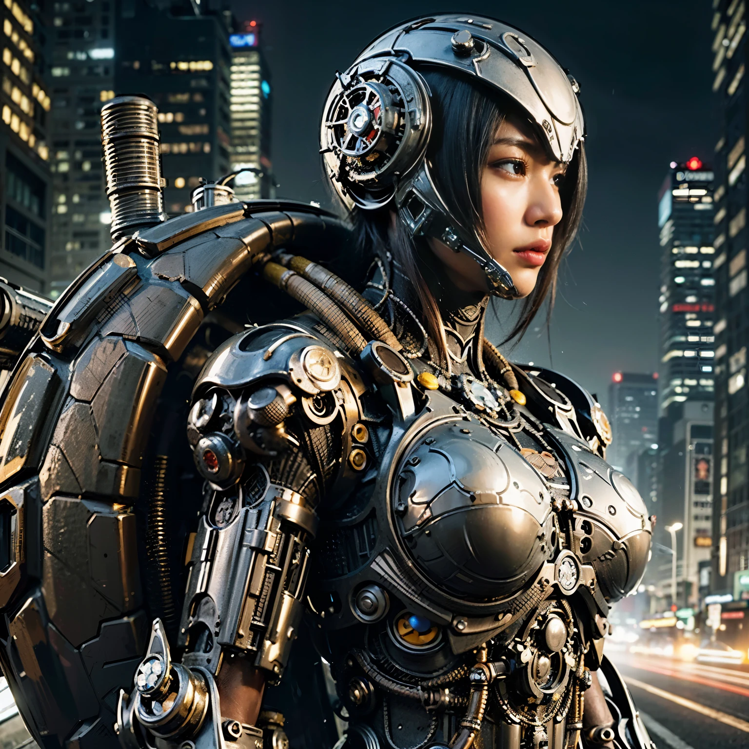 Masterpiece, (ultimate quality:1.2), 8k, Japanese woman in turtle-type powered suit, silver base with yellow and black accents, very beautiful face, mechanical, (mechanical bat wings), jet pack, hydraulic cylinder, power pipe, ultimately intricate details, full body shot, (ultimate photo Realistic:1.37), future metropolis at night, (Steampunk: 1.2), (Cyberpunk), Full body photo, Wide-angle shot,