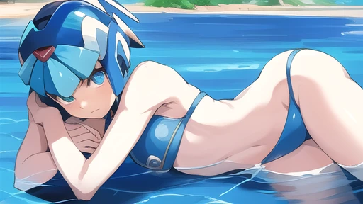 Leviathan Megaman 1 girl, looking at viewer, blue hair, Blue eyes, sea background , micro bikini, Lying on the water