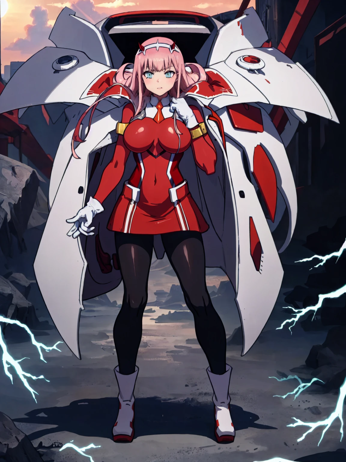 masterpiece, best quality, IncrsLowTier, electricity, glowing eyes zerotwo horns, hairband, necktie, red dress, pantyhose horns, hairband, red bodysuit, armlet, mecha horns, hairband, white bodysuit, white gloves, mecha peaked cap, red dress, white gloves, jacket on shoulders, pantyhose, cyber_armor body_suit,huge_breast, tall female, fulll body, sun light, smile,, sun aura,, boots, standing