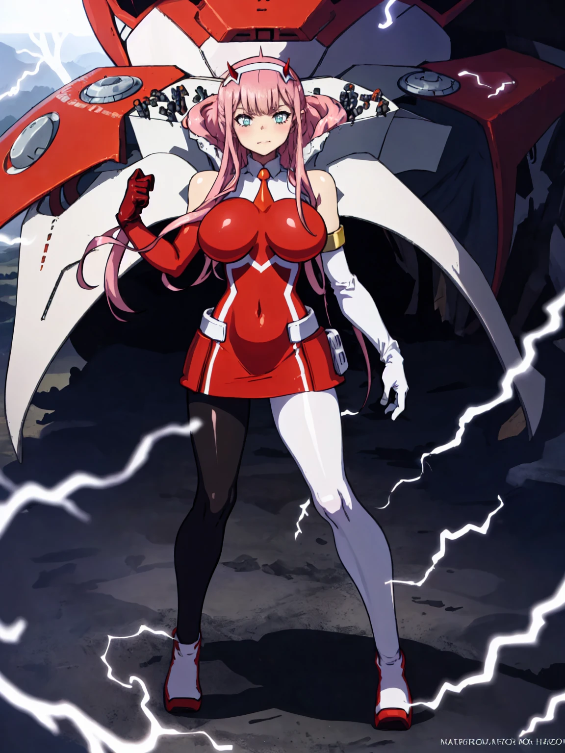 masterpiece, best quality, IncrsLowTier, electricity, glowing eyes zerotwo horns, hairband, necktie, red dress, pantyhose horns, hairband, red bodysuit, armlet, mecha horns, hairband, white bodysuit, white gloves, mecha peaked cap, red dress, white gloves, jacket on shoulders, pantyhose, cyber_armor body_suit,huge_breast, tall female, fulll body, sun light, smile,, sun aura,, boots, standing, smile, lips, red lips,{best quality}, {amazing quality} {best quality},{amazing quality},, {absurdres},{{highres}}, {very aesthetic}, {detailed}