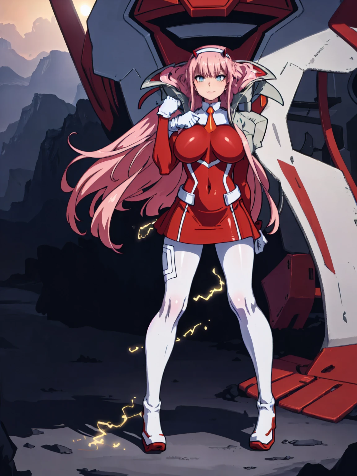 masterpiece, best quality, IncrsLowTier, electricity, glowing eyes zerotwo horns, hairband, necktie, red dress, pantyhose horns, hairband, red bodysuit, armlet, mecha horns, hairband, white bodysuit, white gloves, mecha peaked cap, red dress, white gloves, jacket on shoulders, pantyhose, cyber_armor body_suit,huge_breast, tall female, fulll body, sun light, smile,, sun aura,, boots, standing