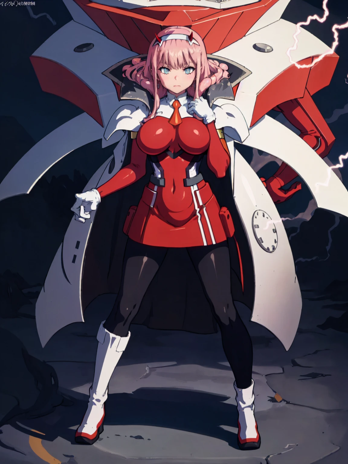 masterpiece, best quality, IncrsLowTier, electricity, glowing eyes zerotwo horns, hairband, necktie, red dress, pantyhose horns, hairband, red bodysuit, armlet, mecha horns, hairband, white bodysuit, white gloves, mecha peaked cap, red dress, white gloves, jacket on shoulders, pantyhose, cyber_armor body_suit,huge_breast, tall female, fulll body, sun light, smile,, sun aura,, boots, standing