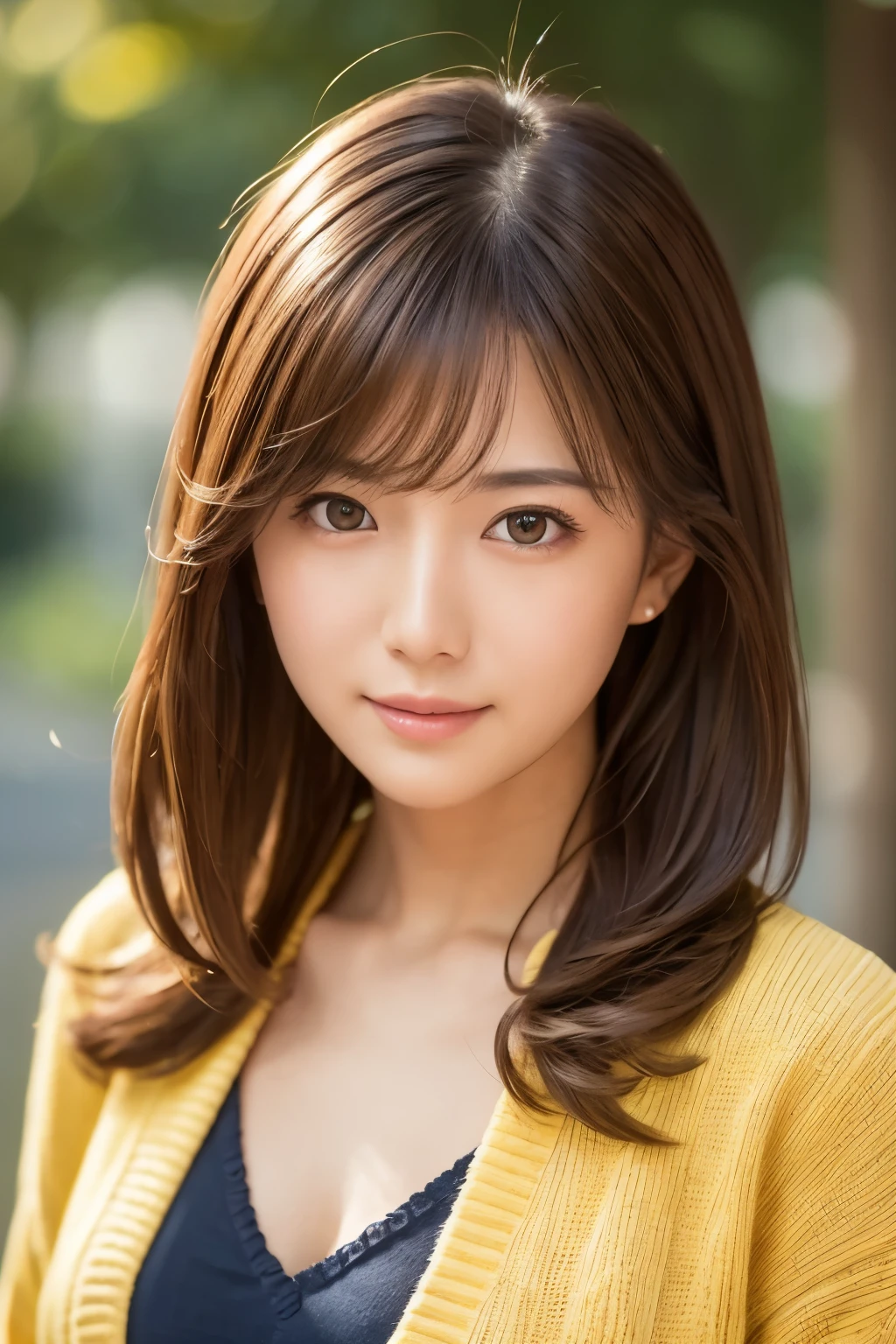 8k, highest quality, masterpiece, Realistic, Photorealistic, Ultra-detailed, Natural light, 非常にDetailed faceと肌, Detailed eyes, 非常にDetailed faceと肌の中間ショット, Beautiful woman staring at camera, Sexy pose, Beautiful Face, Realistic Face, Detailed face, Beautiful hairstyle, Realistic eyes, Fine grain, Realistic Skin, Detailed skin, Beautiful Skin, Charm, 超Realistic, Sexy yellow cardigan, kind, Brown Hair, Cute Japanese Girl, whole body